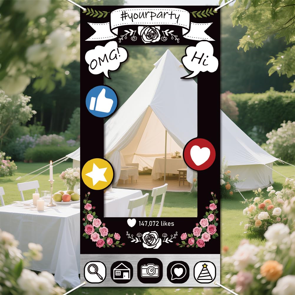 WADORN Social Media Photo Frame Props for Party Decor 5.9x2.9ft Booth Selfie Frame with Emoji Speech Bubble Photo Door Backdrop Props Decor Large Fabric Photography Background Party Supplies