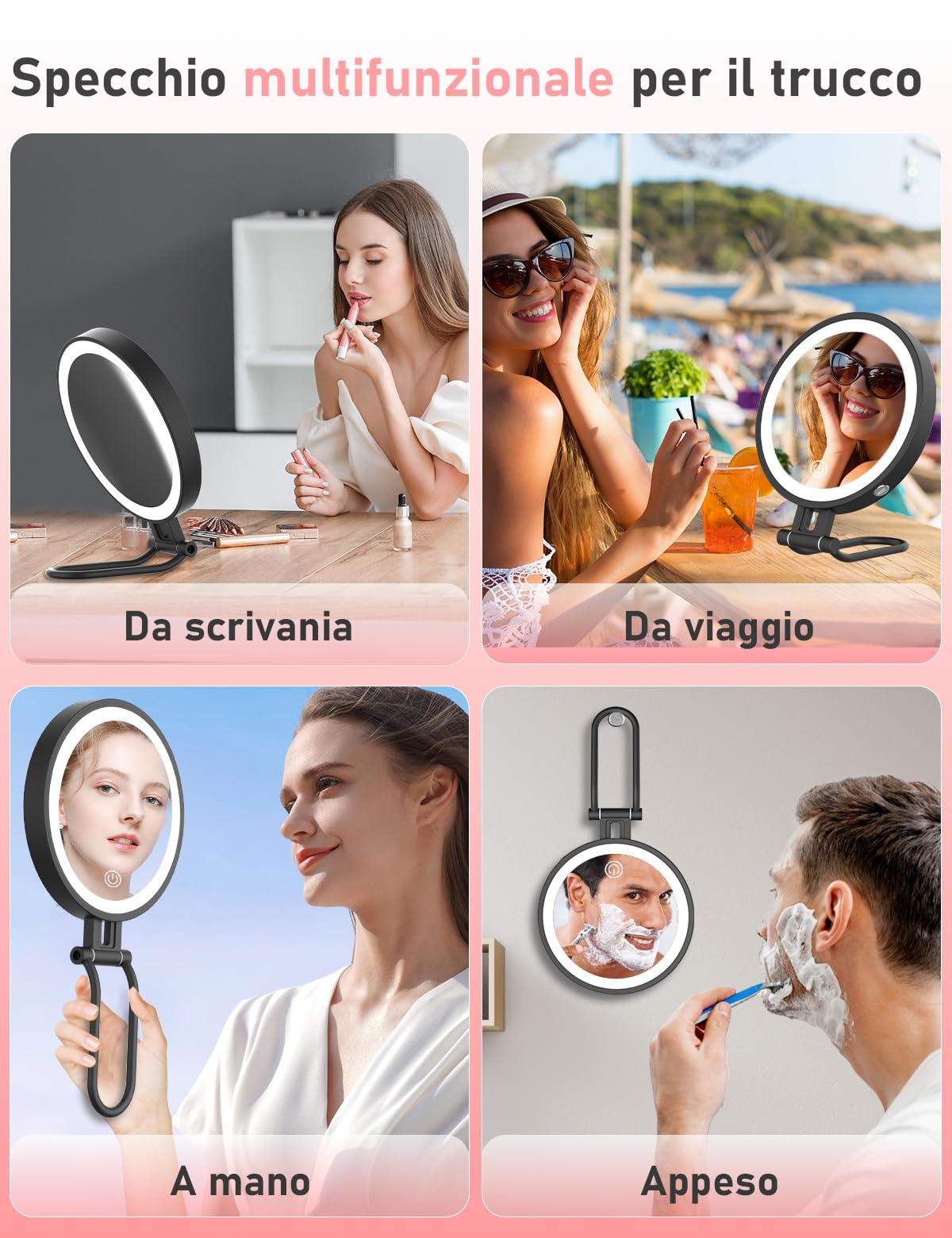 Robofun Specchio Trucco con Luci, 1X/10X Specchio Ingranditore con Luce, 3 Colori di Luce e Luminosità Regolabile dal 20%-100%, 3000mAh Custodia in Metallo Specchio Ingranditore - Nero