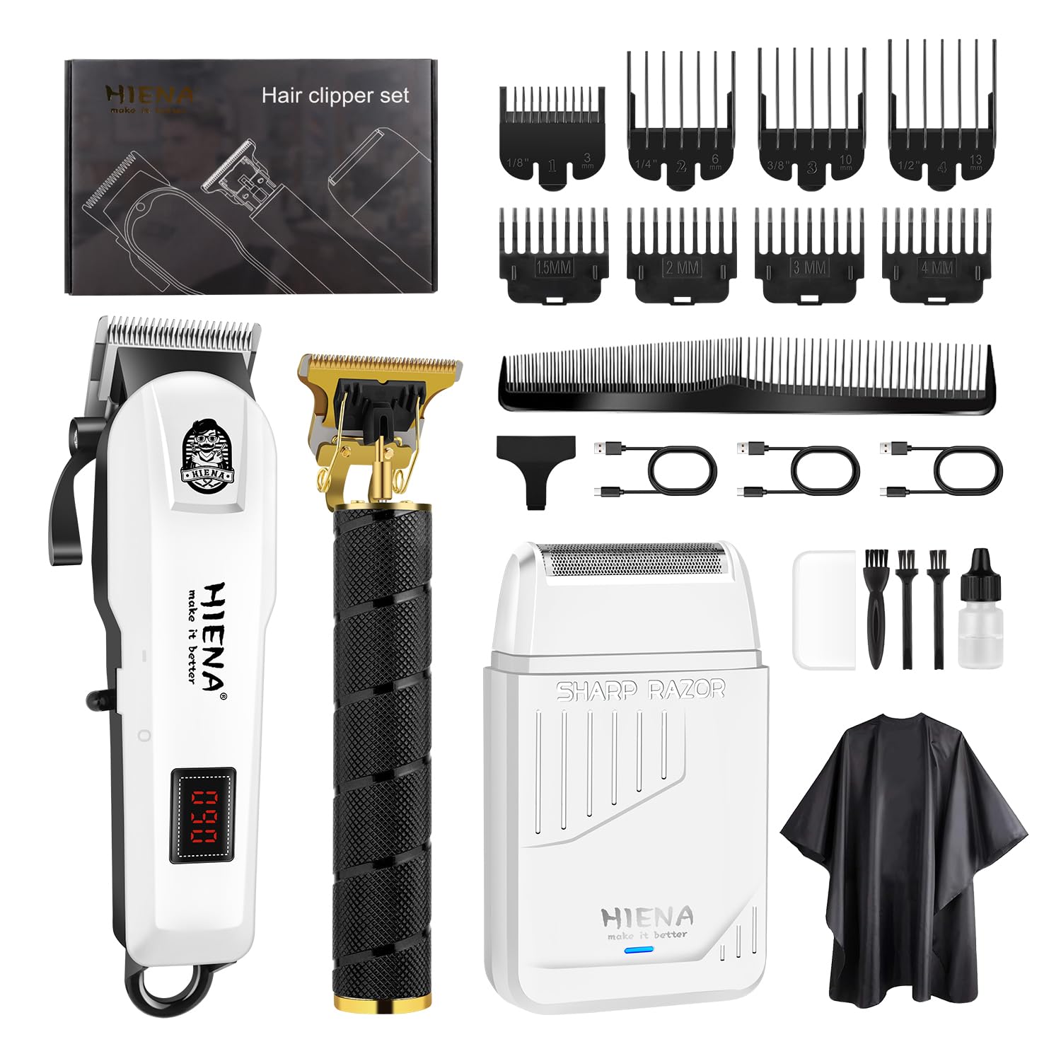 HIENA PRO Professionelles Haarschneidemaschine Set für Männer, wiederaufladbares Haarschneide-Set, elektrische Folienrasierer und Bartschneider, Barber Clippers mit LED-Anzeige, R-Typ verstellbare