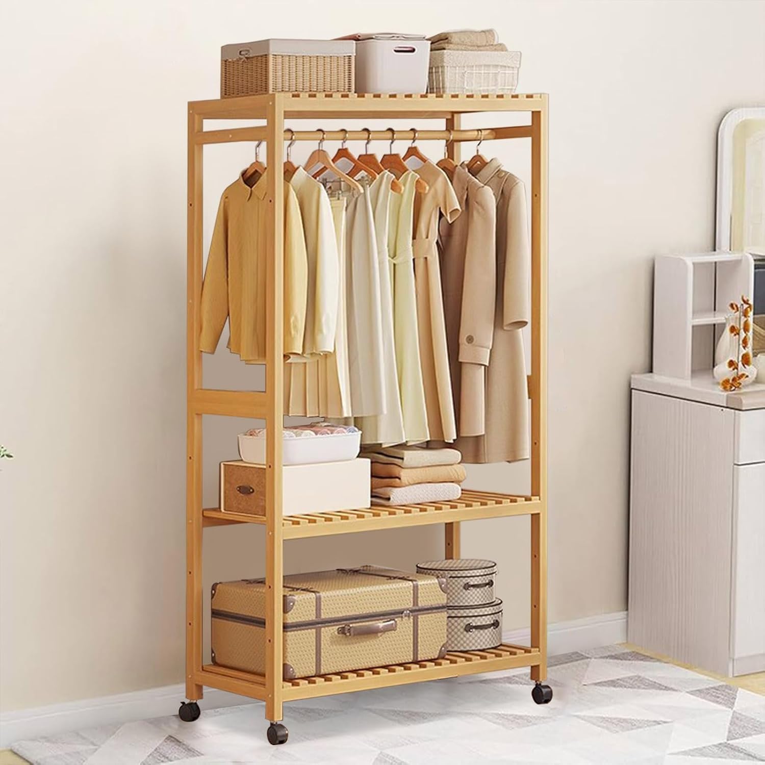 FGXHHS Bamboo Coat Rack with 360° Castors, Free-Standing Hanging Rail, Modern Wardrobe Clothes for Bedroom, Hallway (83X34X160CM)