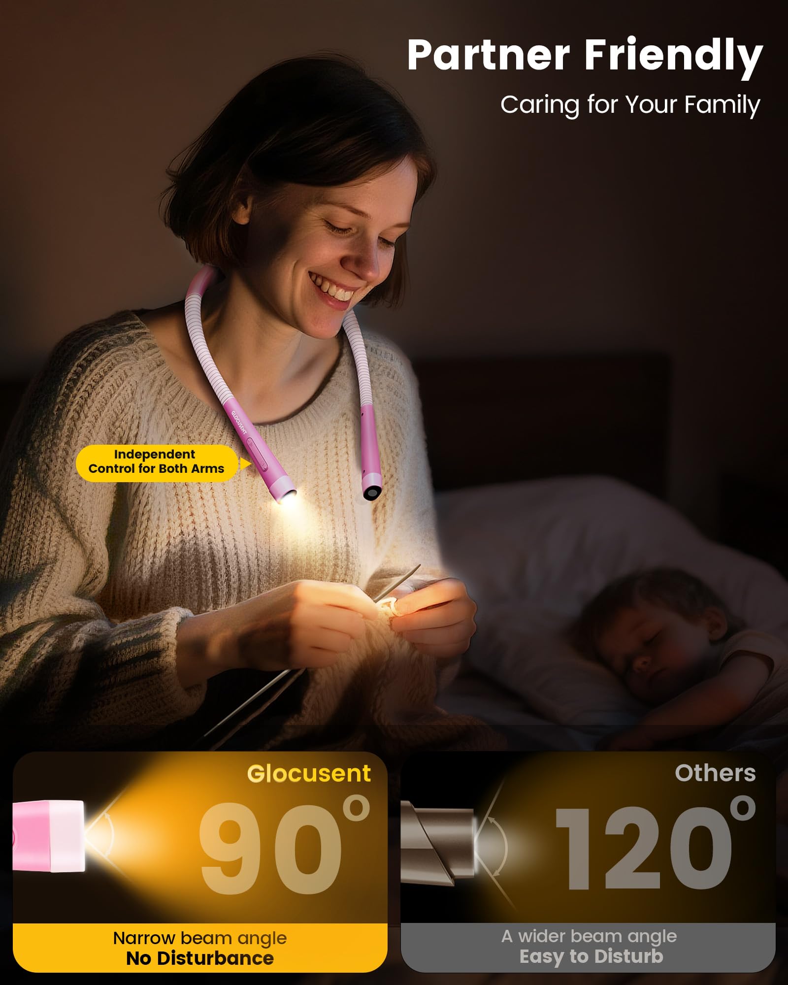 Glocusent Ergonomic Book Light Neck Light, Reading Light with 3 Colors & 5 Stepless Brightness - Image 3