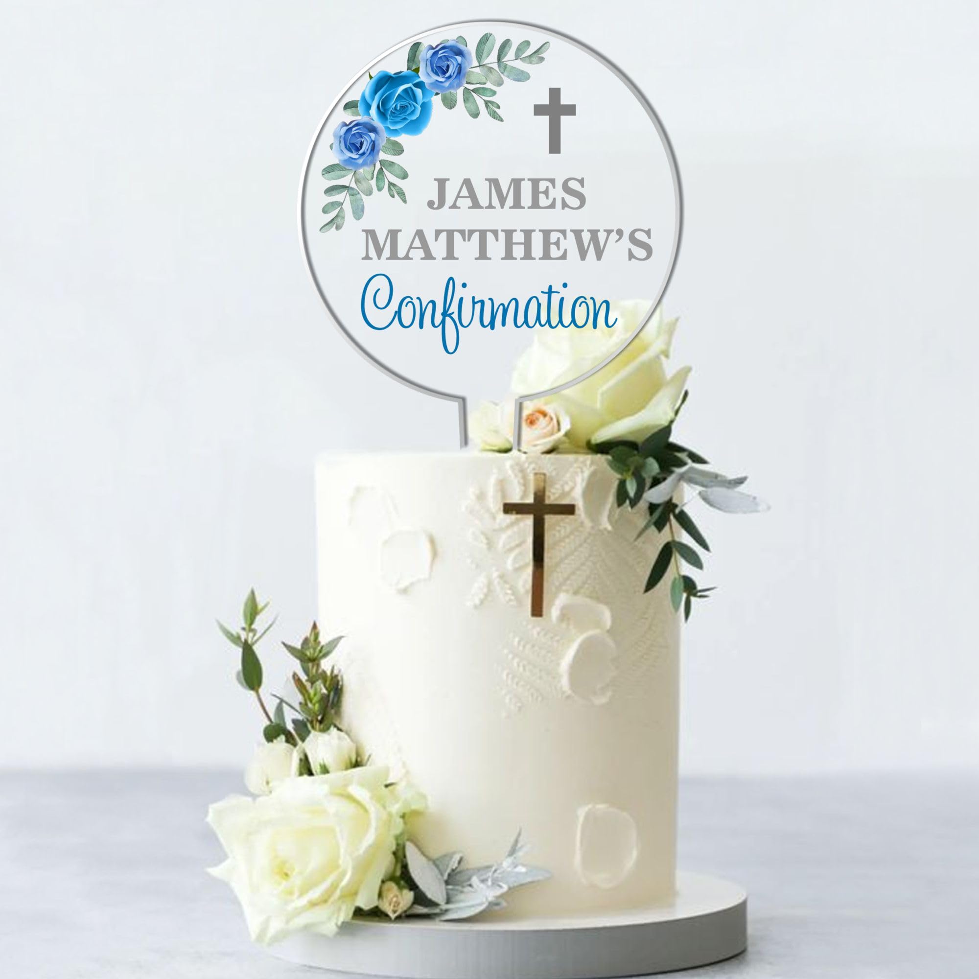 Personalised Religious Cake Topper – Custom Name & Occasion – Christening, Communion or Confirmation – Acrylic Floral Design with Cross – Reusable Printed Cake Decoration (Confirmation, Blue) — image 1