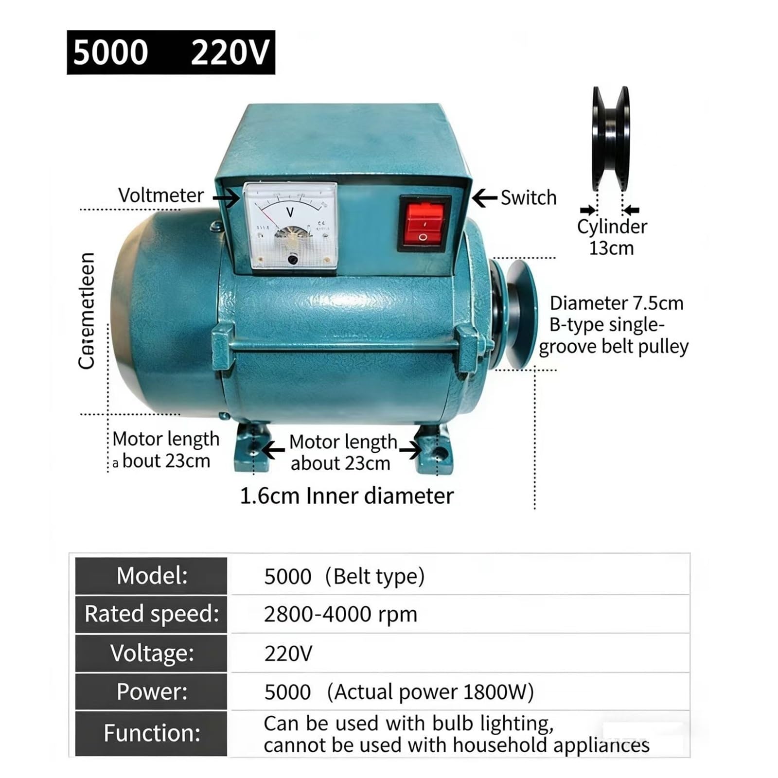 Generador de Imán Permanente 3500W 5000W 7000W 220V Sin Escobillas con Correa Bobina de Cobre para Iluminación Compatible con Motor Gasolina o Diésel(5000W)