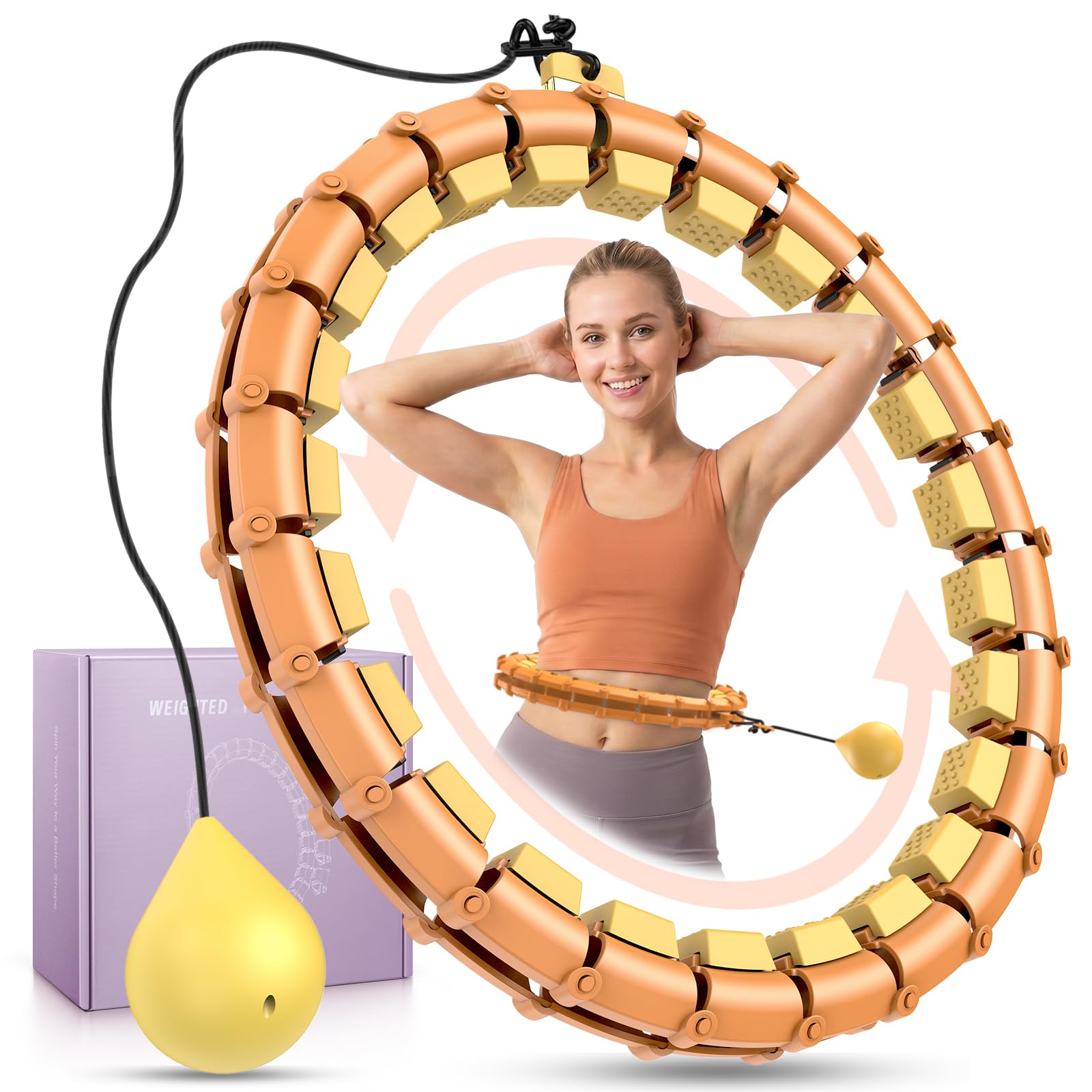 Weighted Infinity Hoop with 24 Detachable Quiet Knots, Hula Circle Hoop for Adults Weight Loss, Exercise Fit Hoop Suitable for Women and Beginners, Smart Adjustable Hoops, Orange