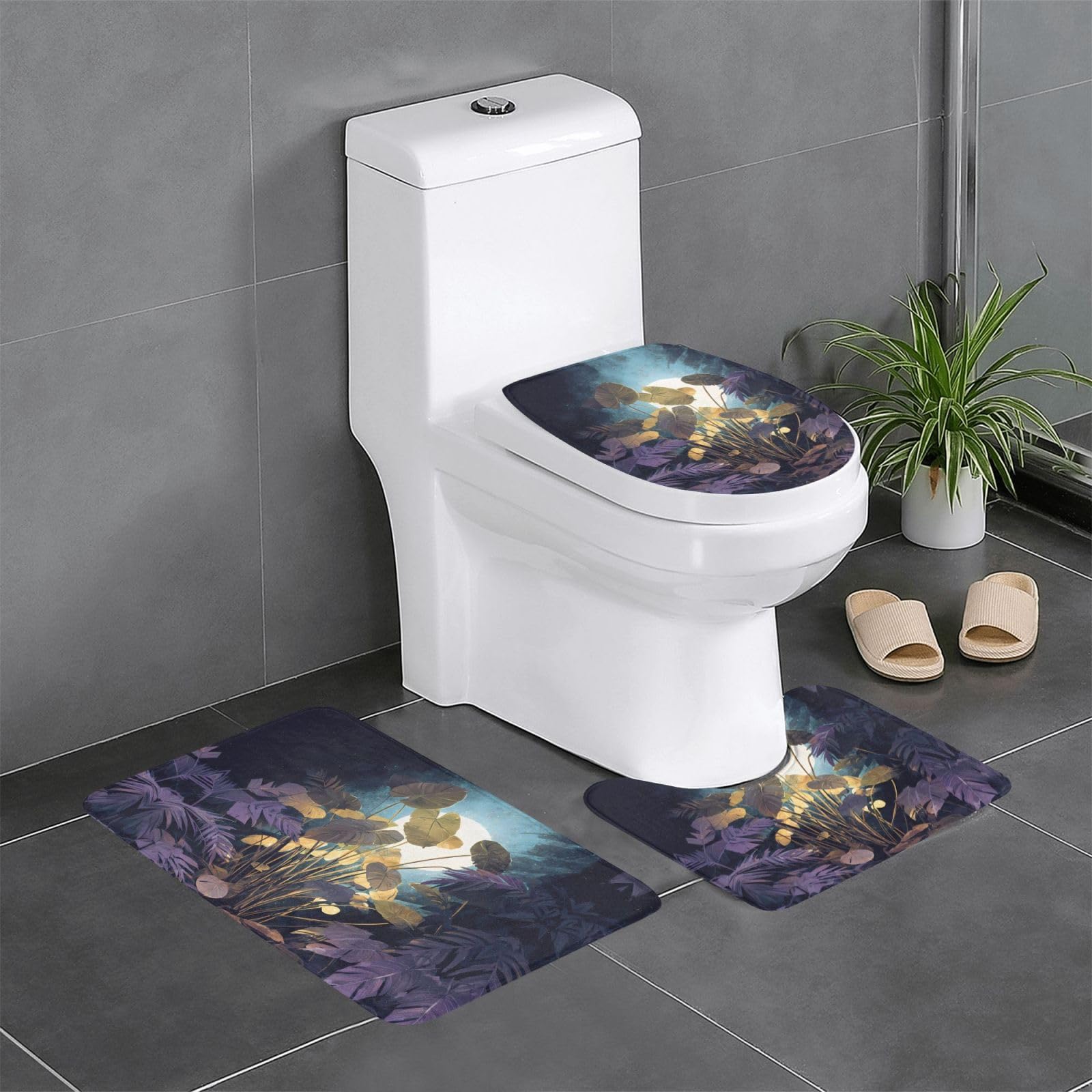 Tapis de salle de bain lot de 3 motif plantes sous la lune style botanique