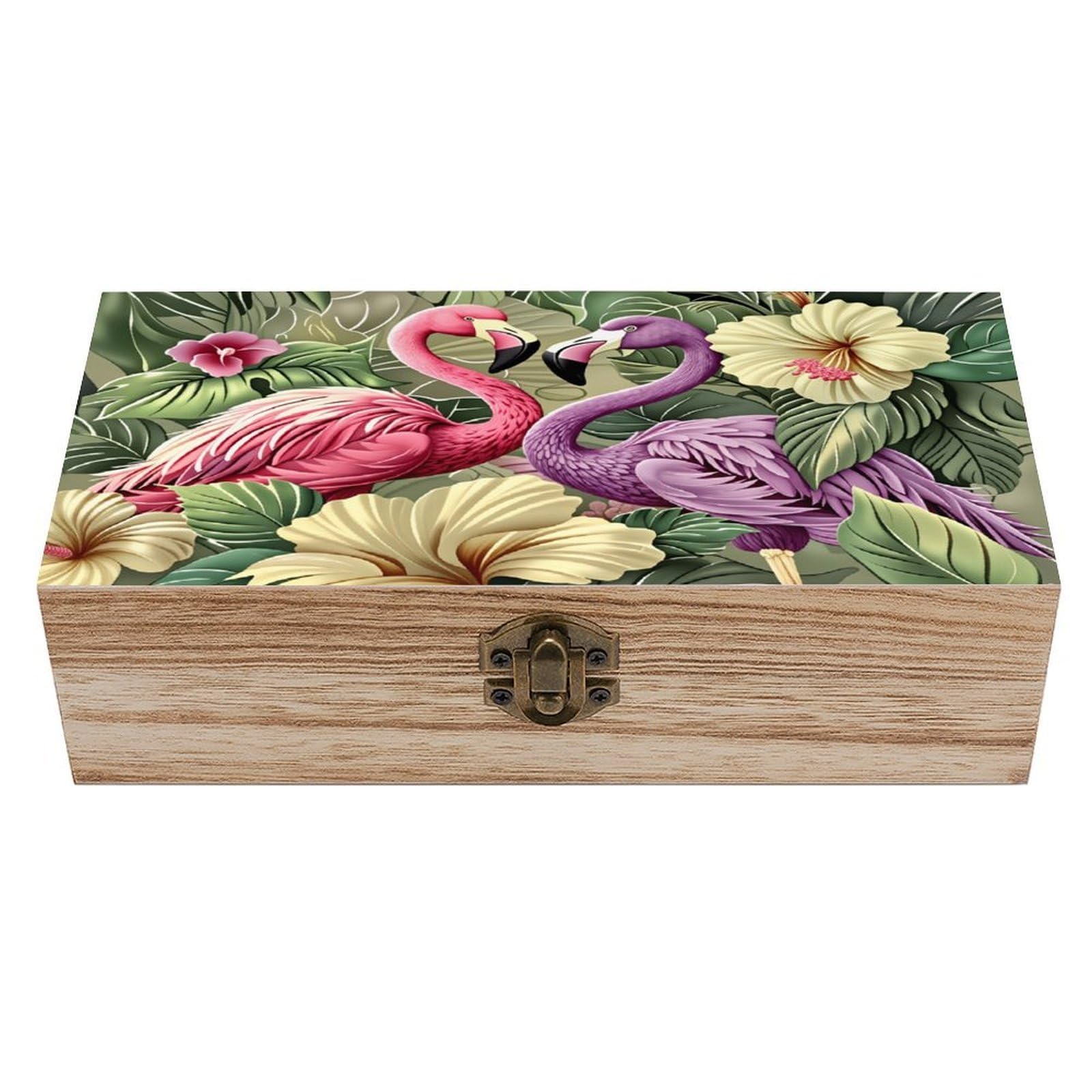 asbwuo Flamingo in Flowers Vintage Wooden Keepsake Box