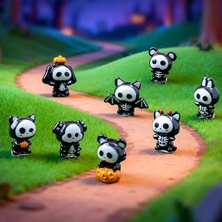 Halloween Miniature Animal Figurines, 8PCS Skeleton Pumpkin Decor