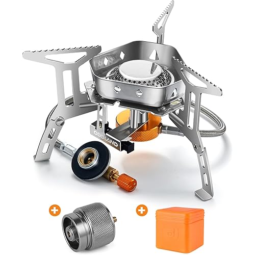 Odoland 3500W/6800W Windproof Camp Stove Camping Gas Stove with Fuel Canister Adapter, Piezo Ignition, Carry Case, Portable Collapsible Stove Burner for Outdoor Backpacking Hiking and Picnic