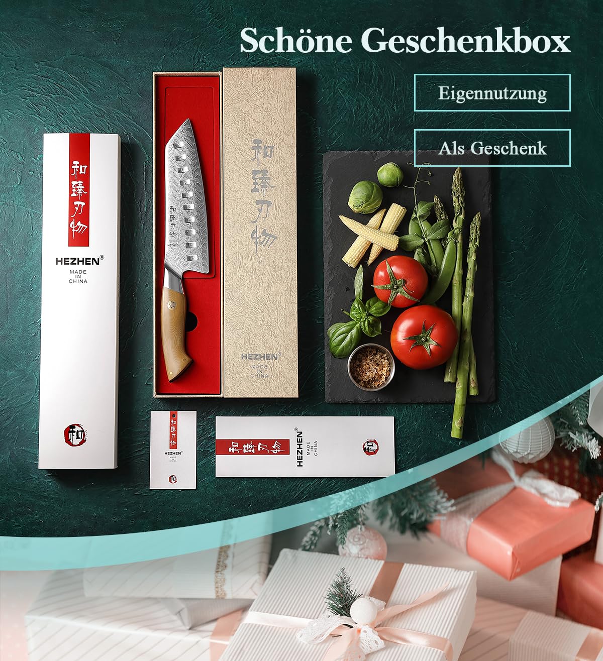HEZHEN Santokumesser Damast,Japanischer Stil Kochmesser,Ultra-Scharfes Allzweck-Gyutomesser, Komfortabler Full Tang Griff