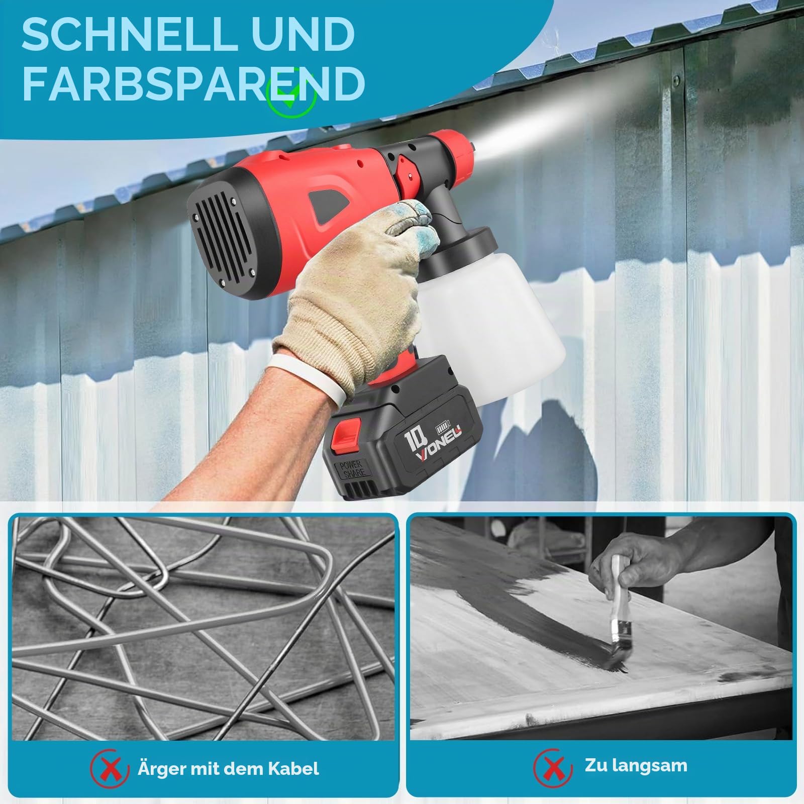 Farbsprühsystem, 850 W Akku farbspritzpistole mit 2 x 2600 mAh 21 V Akku und Ladegerät, 5 Düsen, 2 800 ml Farbbehälter, 3 Sprühmuster,Paint Sprayer für Wände Decken Zäune