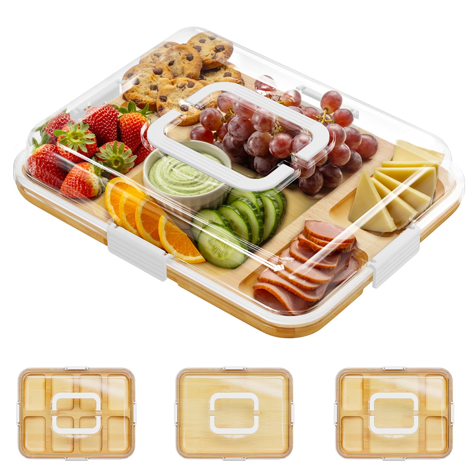 SpaceAid Tabla de charcutería con tapa transparente, tablas de cortar de queso de viaje portátiles para accesorios de picnic, bandeja de servir de bambú con tapas, regalos de inauguración de la casa