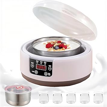 Macchina per Yogurt, Macchina per Yogurt Probiotici con 5 Vasetti, Controllo Intelligente della Temperatura, Funzioni Multiple, Regolazione con Un Solo Pulsante, Macchina per Yogurt Multifunzione