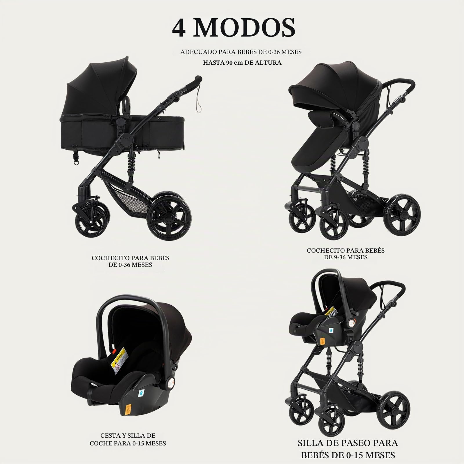 Carrito bebe 3 en 1, Capazo, Cochecito Deportivo y Silla de Coche, para Bebés de 0 a 36 Meses (Negro)