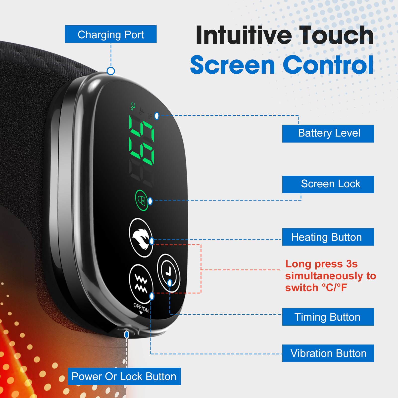 Rodillera Térmica Inalámbrica Con Luz Roja Y Pantalla Táctil, Almohadilla Para Hombro Codo Portátil Con 5 Niveles De Calor, 3 Modos De Masaje Y Temporizador, Batería Integrada 5000mAh, 4 Motores