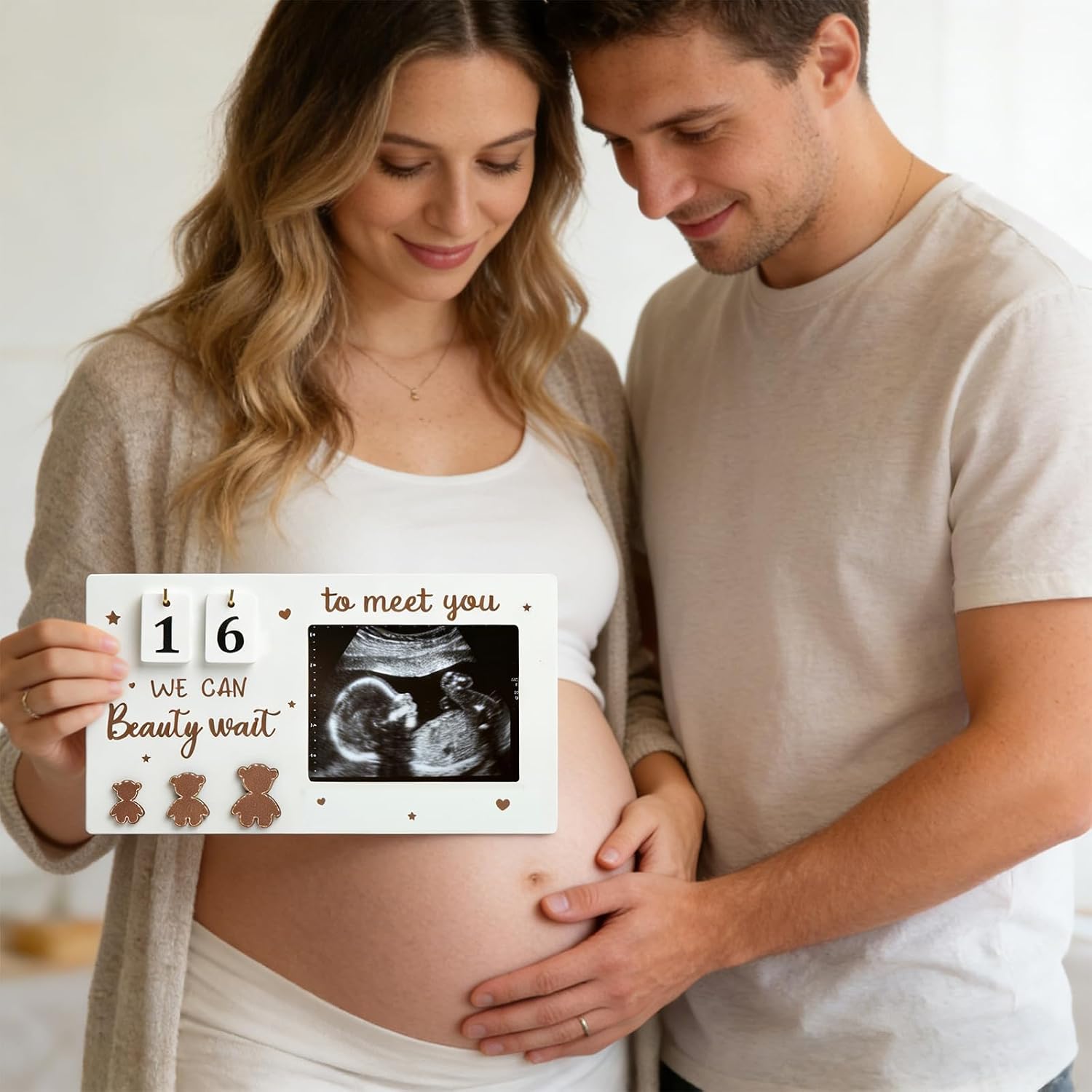 Baby Sonogram Picture Frame Ultrasound Photo Frame with Countdown Weeks & Newborn Handprint Kit New Mom Expecting Parents to Be Keepsake Gift Congratulations Pregnancy Must Have (Bear)