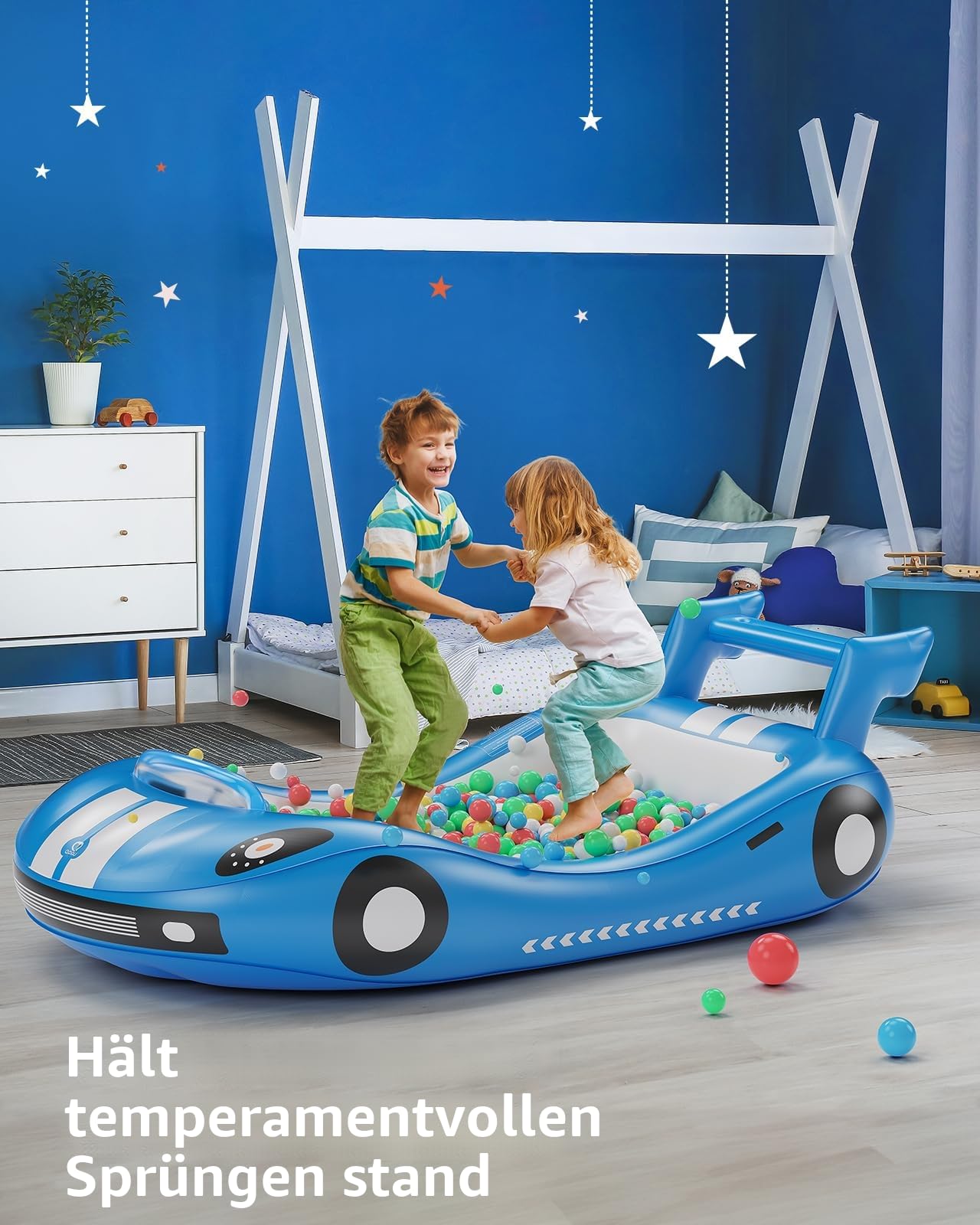 QPAU Aufblasbares Kinderreisebett mit Rausfallschutz 202x115cm – Inkl. Handpumpe+Tragetasche – Luftmatratze für Kleinkinder Schlafen – Campingbett & Hotelbett Reisen/Zuhause – Blau