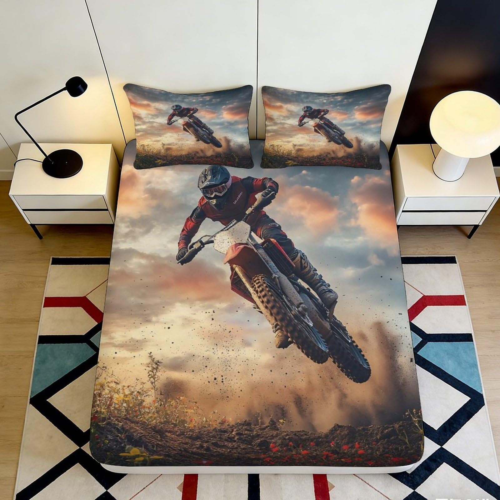 3D Printed Motocross Racing Fitted Sheet Microfiber Soft Breathable Dirt Bike Mattress Cover for Bedroom Dorm Decor 90x200x25cm