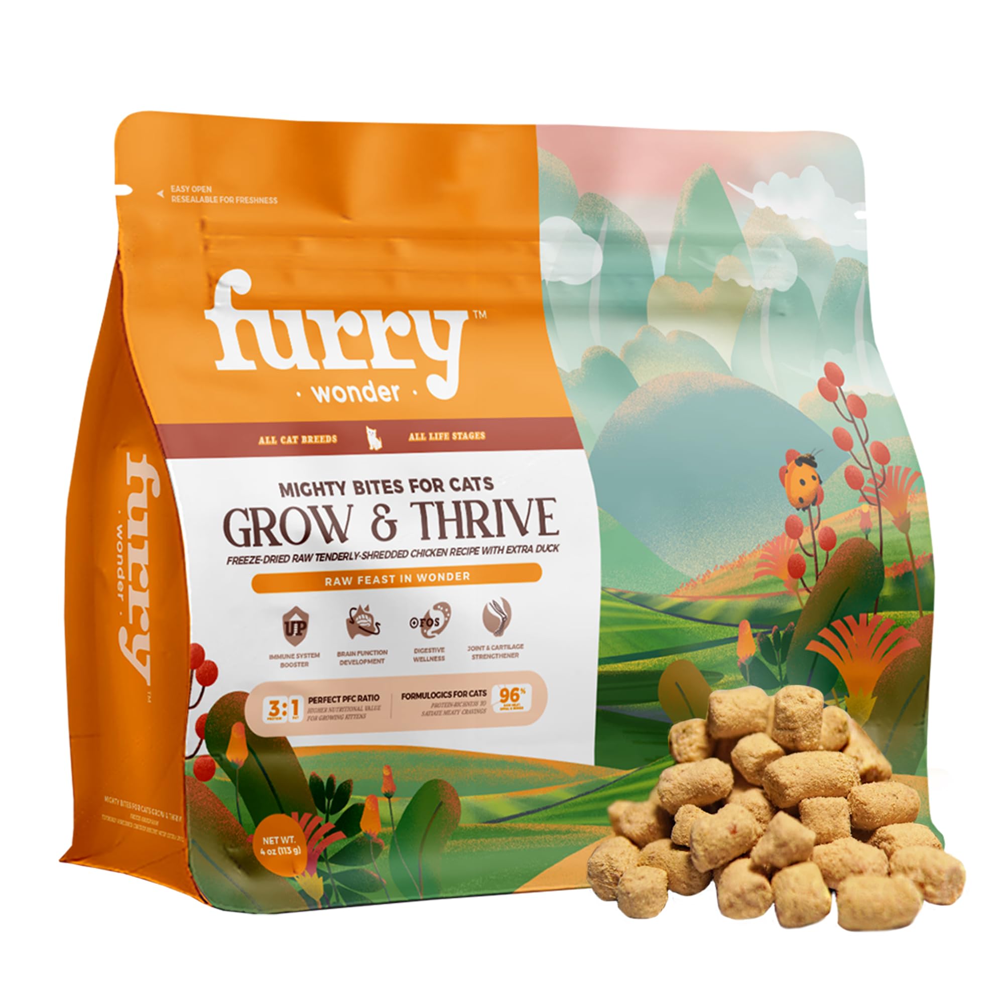 Freeze Dried Raw Cat Food Grain Free Mighty Bites for Cats 4oz High Protein Cat Food for All Breeds and Life Stages, Chicken & Duck