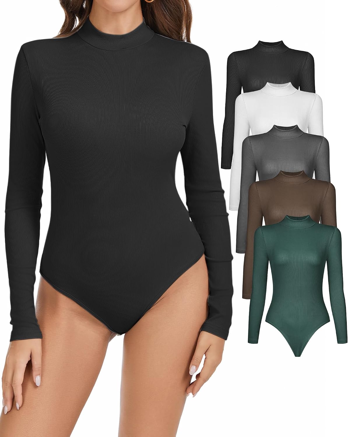 5 Pack Long Sleeve Body Suits for Women Turtleneck Mock Neck Bodysuits Basic Ribbed Bodysuit Tops Mothers Day Gifts