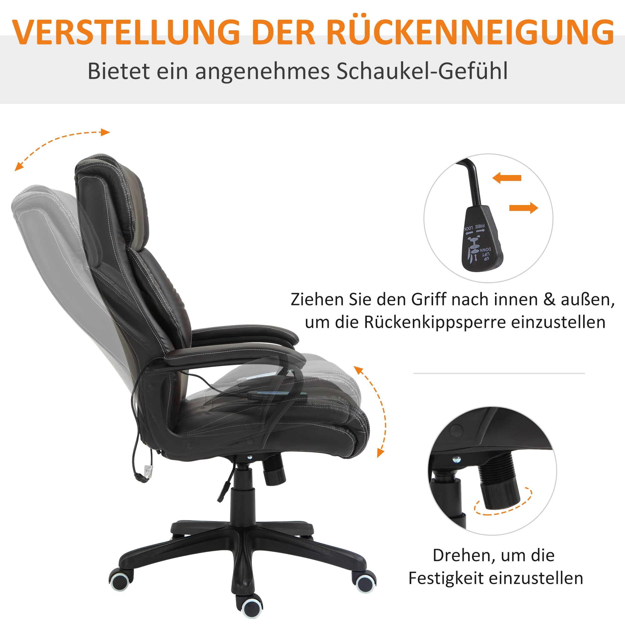 Vinsetto Bürostuhl mit Massagefunktion, Ergonomischer Chefsessel mit Vibrationsmassage, Wippfunktion, Höhenverstellbarer Schreibtischstuhl Drehstuhl, Braun