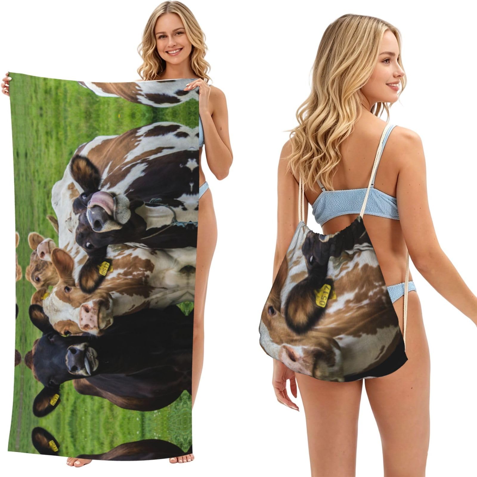 ESNAIUVCD Cow Grassland Print Beach Towel For Adults,Towel With Drawstring Bag, Travel Pool Swimming Sports Shower Sand Free Quick Dry Bath Towel For Pool, Beach, Yoga- 180x60cm