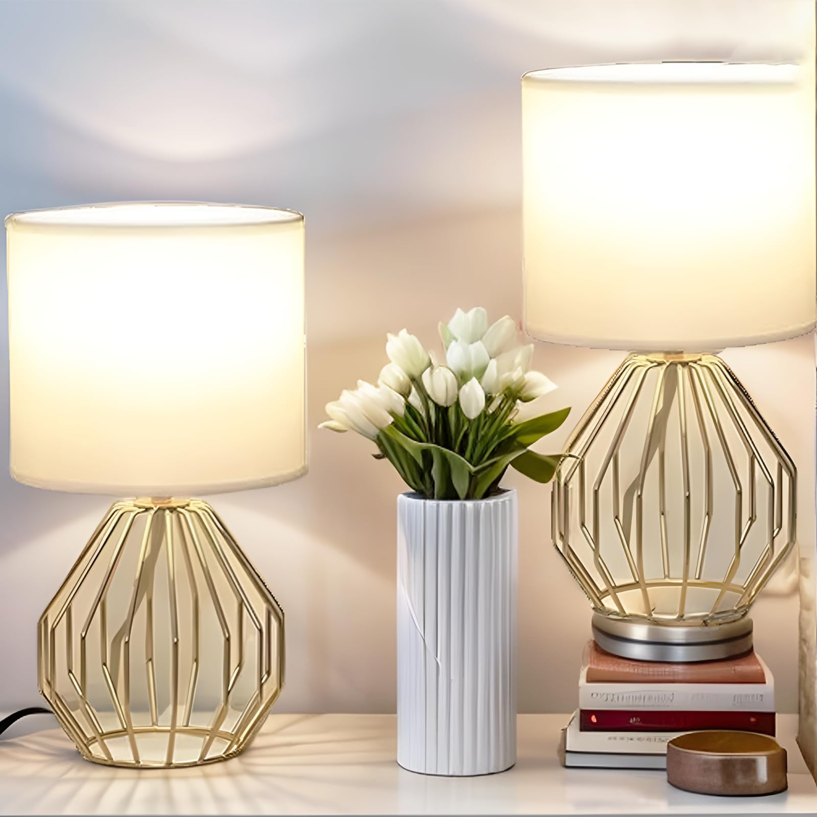 COTULIN Small Gold Lamps Set of 2,Modern Bedside Nightstand Table Lamps with Metal Base and White Fabric Shade for Bedroom,Gold Desk Lamp for Living Room Kids Room Nursery Office Working Reading