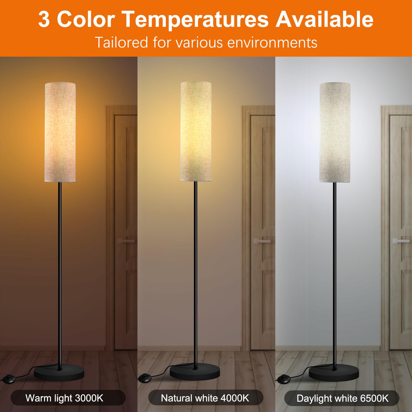 Yicenscoltd lámpara de pie LED regulable 3 temperaturas color E27 12 W pantalla lino interruptor pie