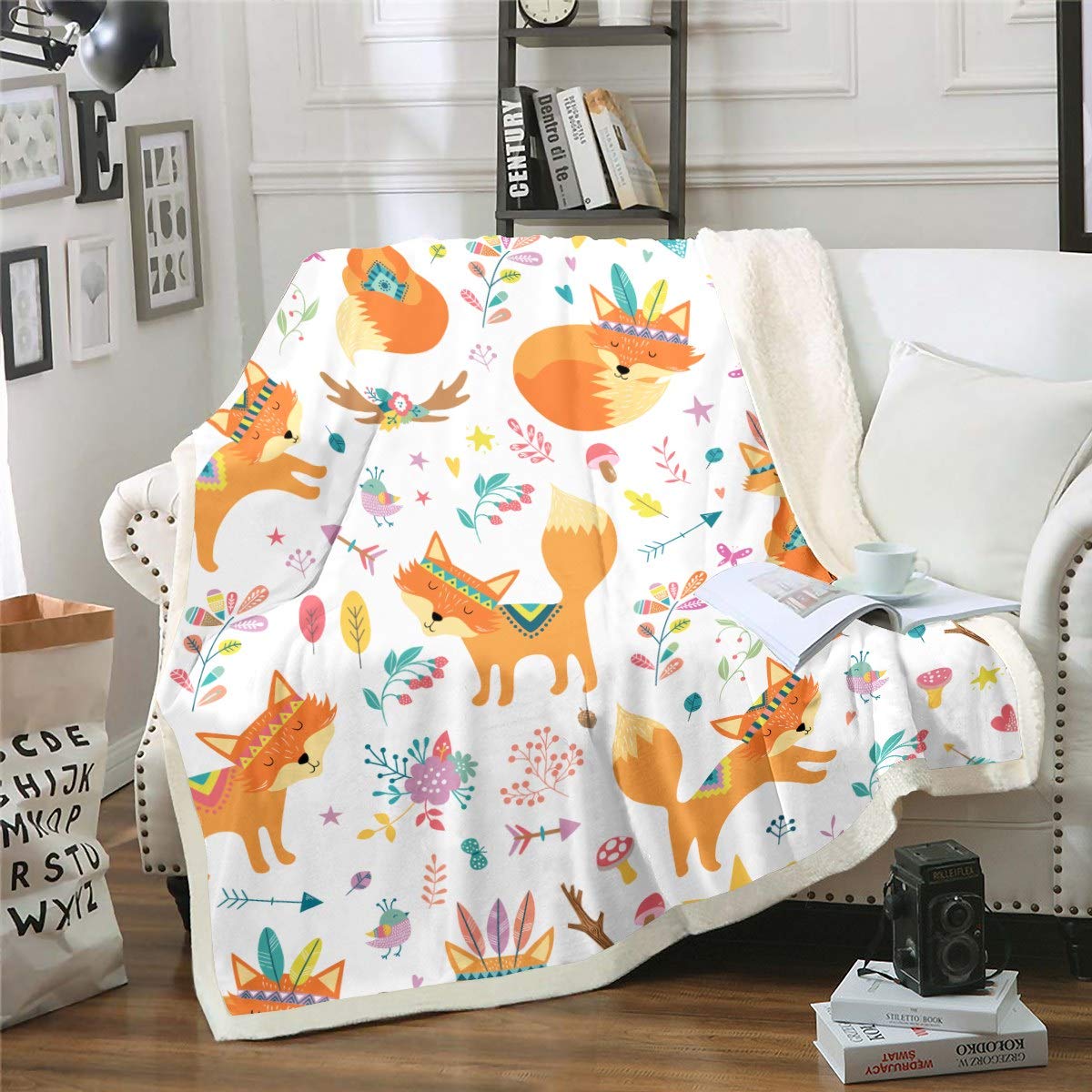 Loussiesd Cute Cartoon Fox Fuzzy Boho Arrow Sherpa Blanket - Bohemian Tribal Feather Fleece Throw for Sofa, Bed, Couch - Botanical Floral Decor Plush Double 60"x79"