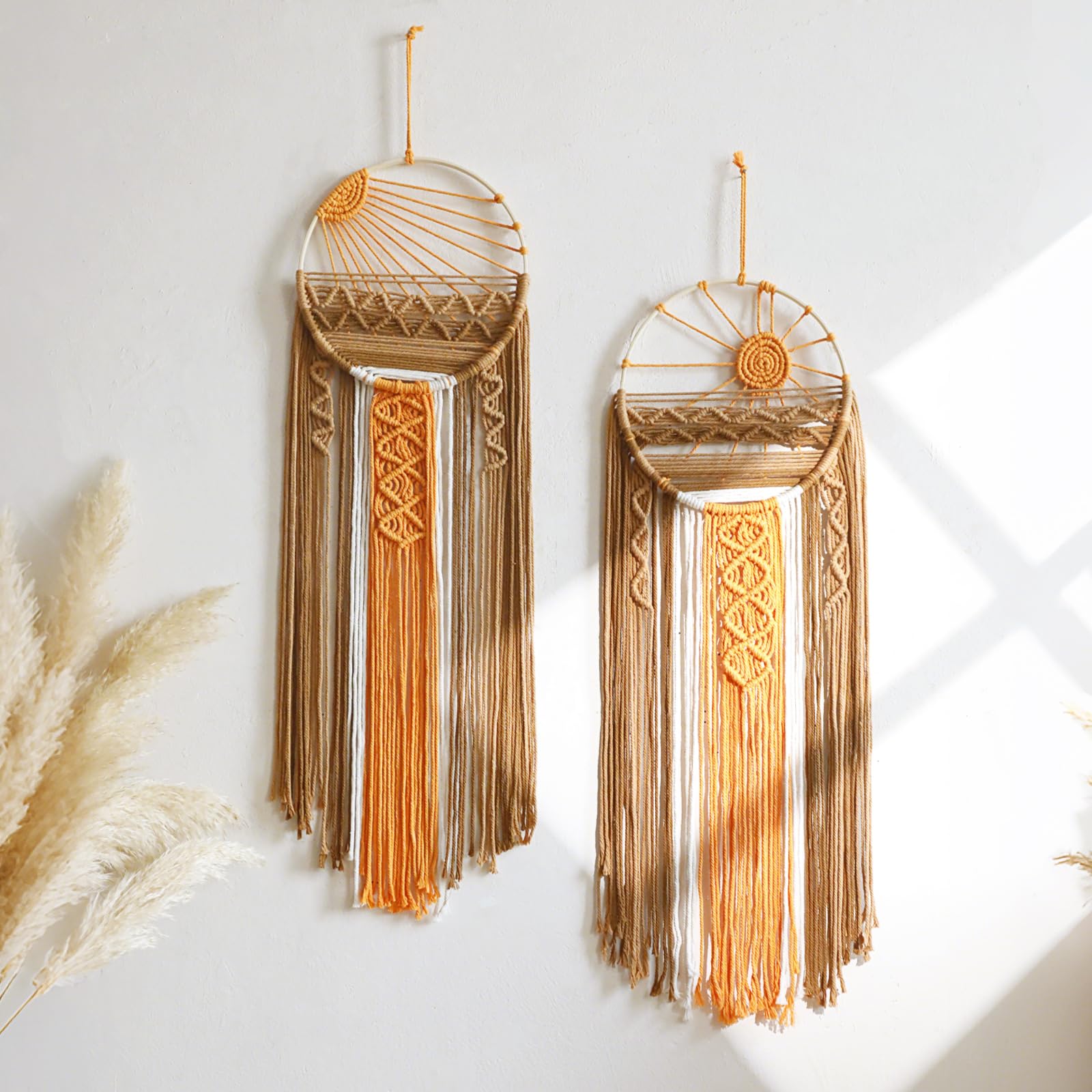 2 Pack Macrame Sun Wall Decor Set - Hand Woven Sunrise Sunset Boho Hanging Tapestry Wall Art, Orange Brown Rustic Dream Catcher Home Decor for Bedroom