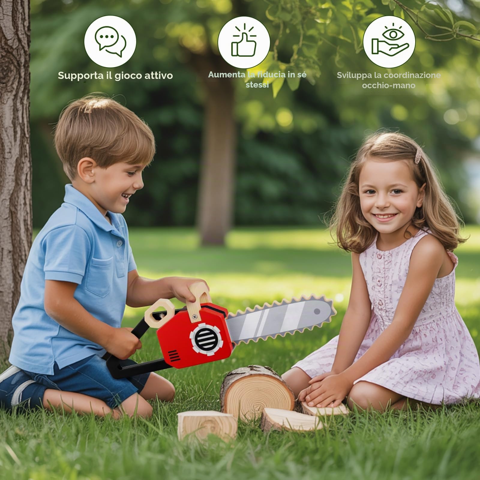 GAGAKU Motosega giocattolo in legno per bambini dai 2 anni in su. Valigetta degli attrezzi per bambini, in alternativa, con funzione audio, giocattolo educativo per giochi di ruolo all'aperto