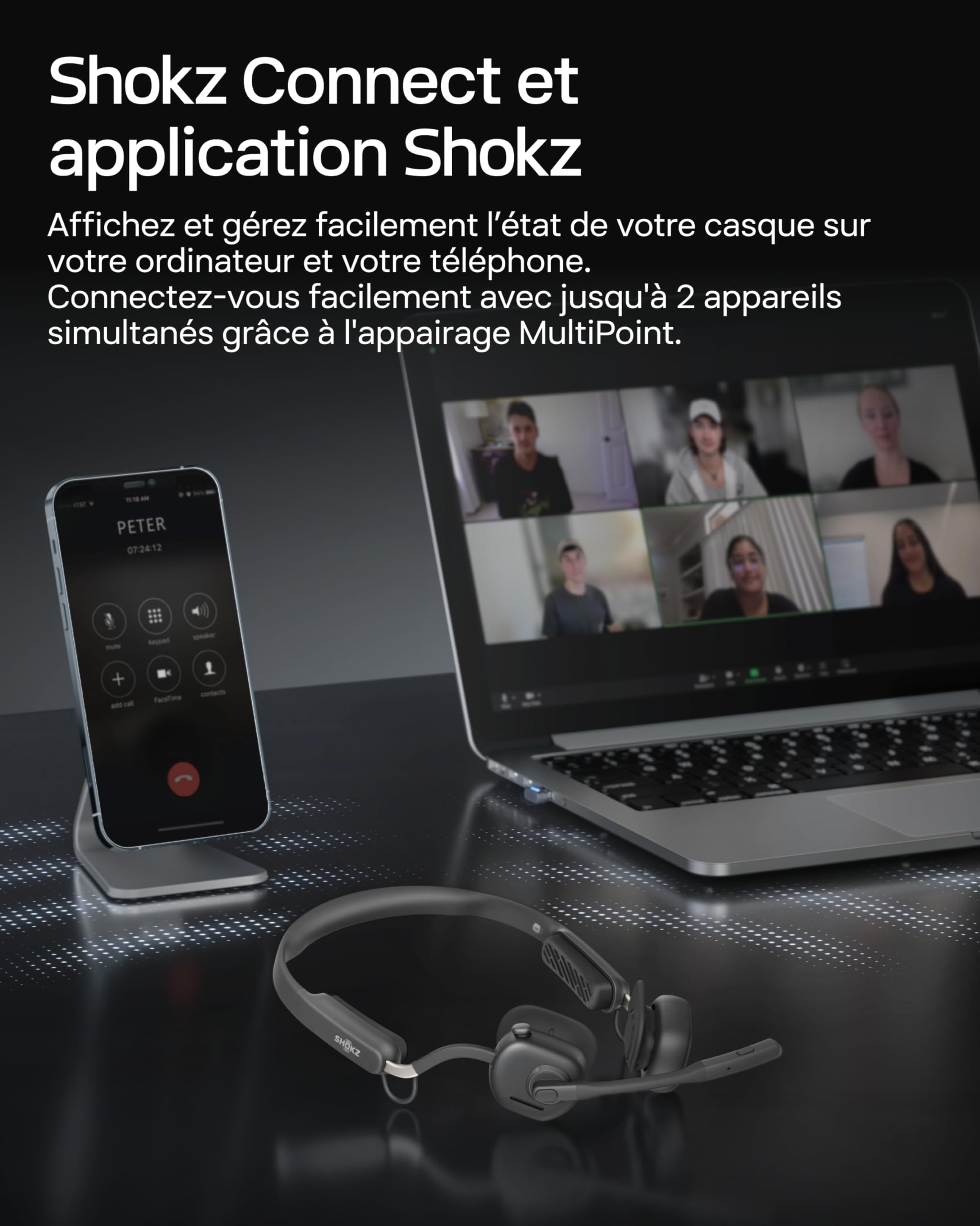 SHOKZ OpenMeet Casque à Conduction osseuse, autonomie 15 h d’autonomie