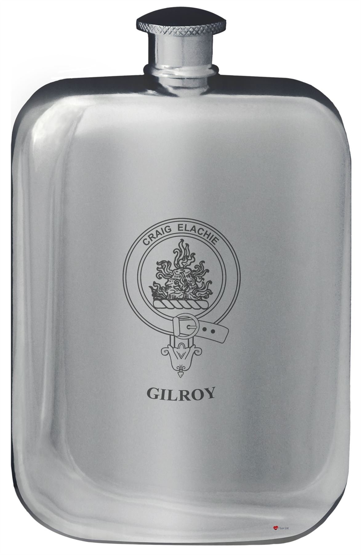 Gilroy Family Crest Design Pocket Hip Flask 6oz Rounded Polished Pewter
