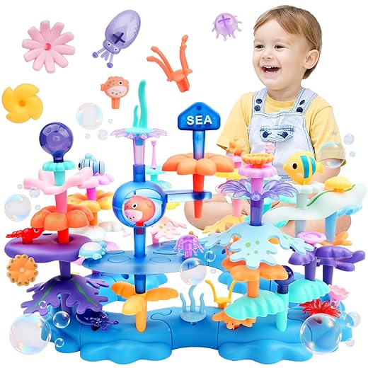 INKLAB Birthday Gifts for 3 4 5 6 7 Years Old Toddlers Girls Boys - 76PCS Marine Life Building Stacking Toys with Carry Box | STEM Preschool Educational Pretend Play | Learning Toys for Kids Age 3+