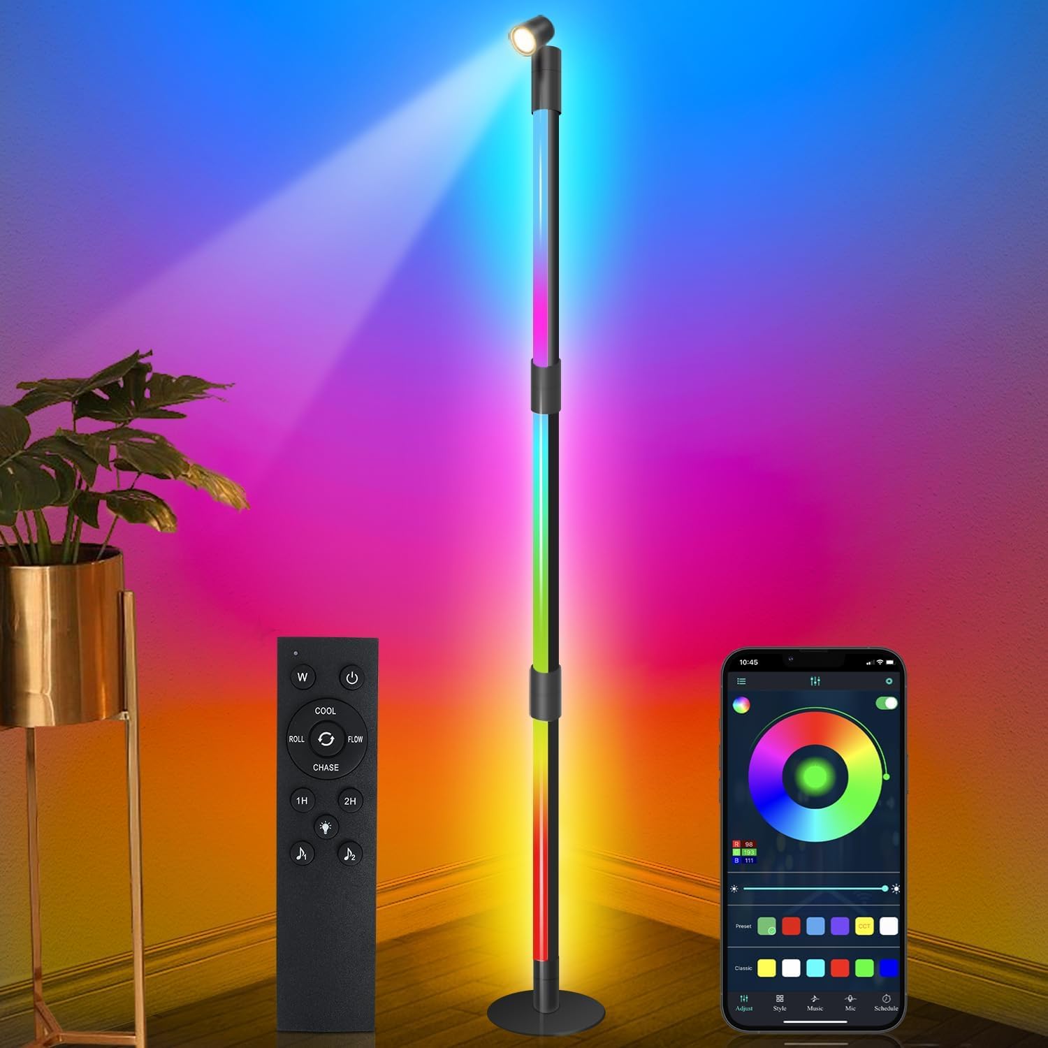 Hcosmy Corner Floor Lamp, Modern LED Floor Lamp, 360° Rotating Smart RGB LED Corner Lamp with Spotlight,16 Million Colors Changing LED Floor Lamp with App and Remote Control