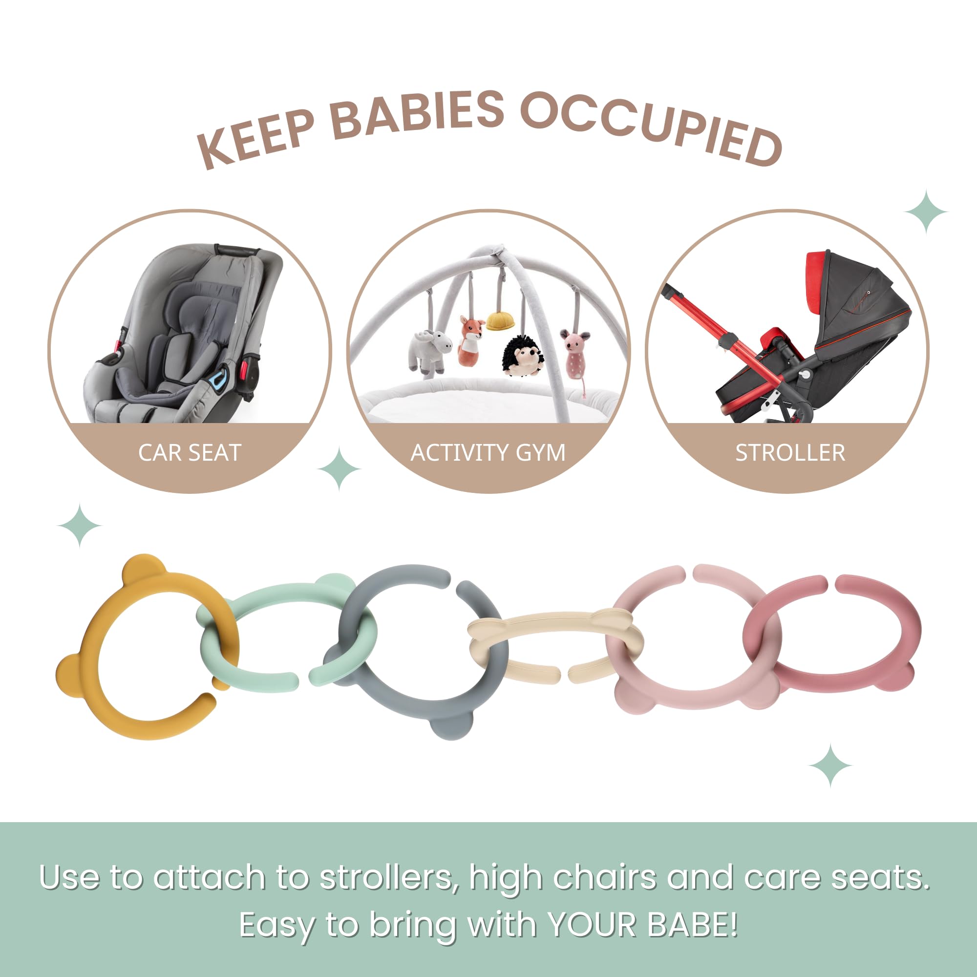 6 Packungen Baby-Beißringglieder, Silikon-Beißringglieder, zum Befestigen von Babyspielzeug an Kinderwagen oder Tragetasche