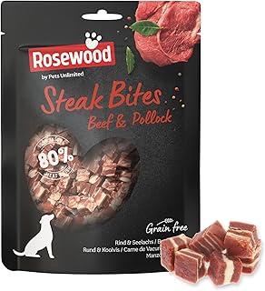 Rosewood Steak Bites Hundeleckerlis mit Rind und Seelachs 100g – Getreidefrei – Natürliche Zutaten – Fettarme Belohnung für Hunde Aller Größen – Ohne künstliche Zusatzstoffe product image