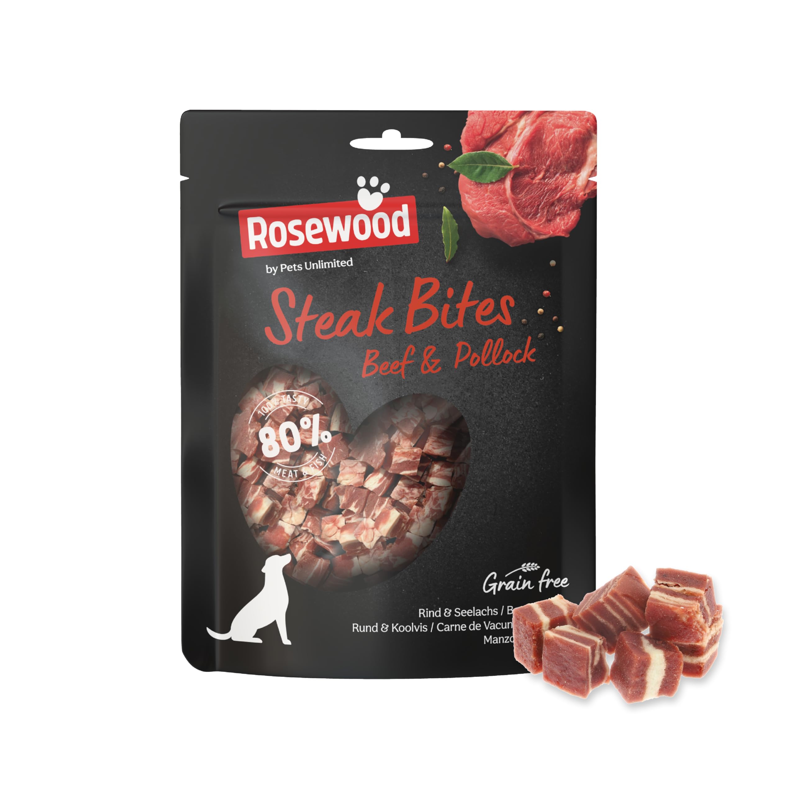 Rosewood Steak Bites Rind & Seelachs – Zarter Trainingssnack für Hunde, hoher Fleisch-/Fischanteil, ohne Getreide, ohne künstliche Zusatzstoffe, 100 g