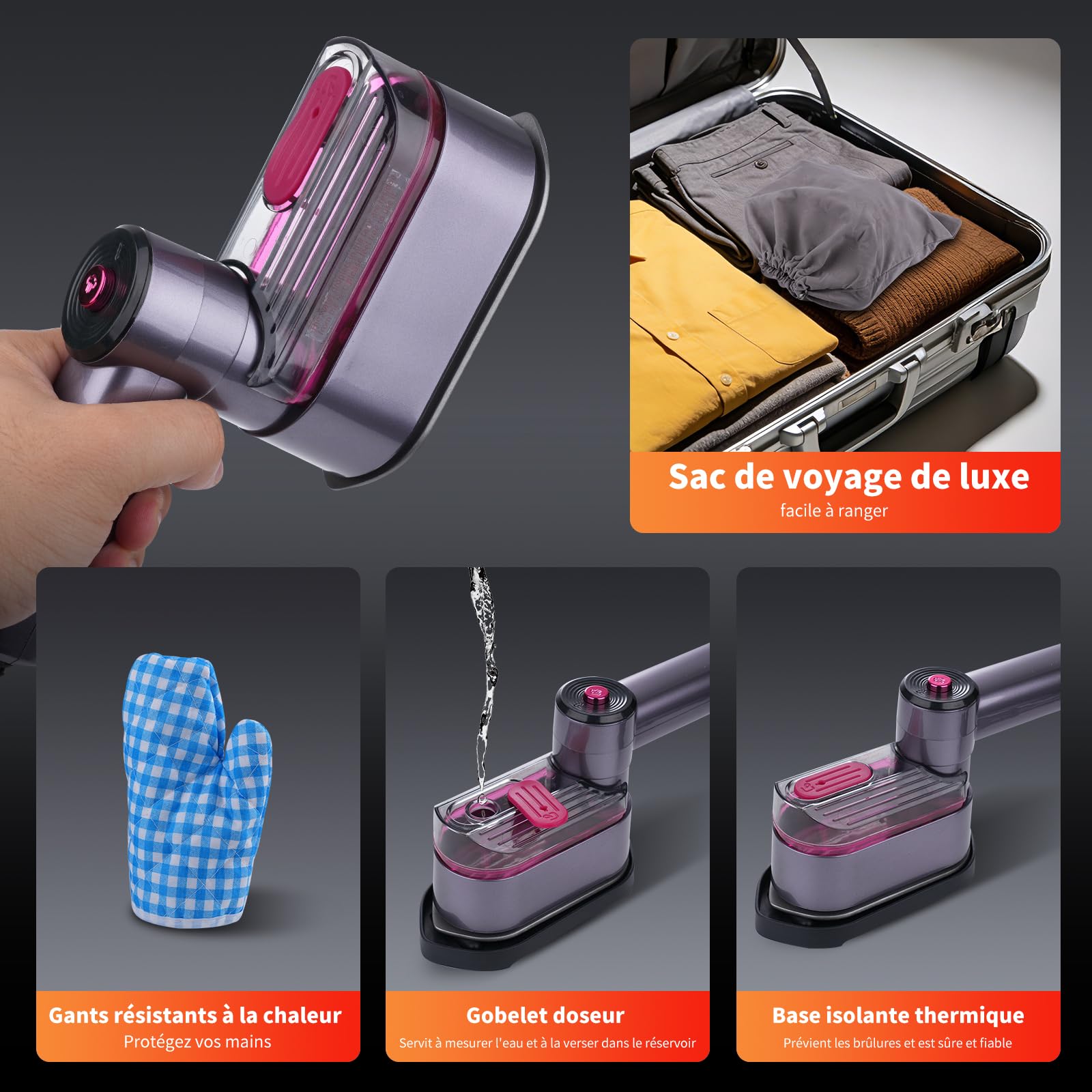 Défroisseur Vapeur, Fer à Vapeur Voyage Pliable 2 en 1, 1000W, 10S Chauffage Rapide, Avec Base Résistante à la Chaleur, réservoir deau 100 ML, Poignée Rotative à 180°, Idéal pour Voyages et Maison