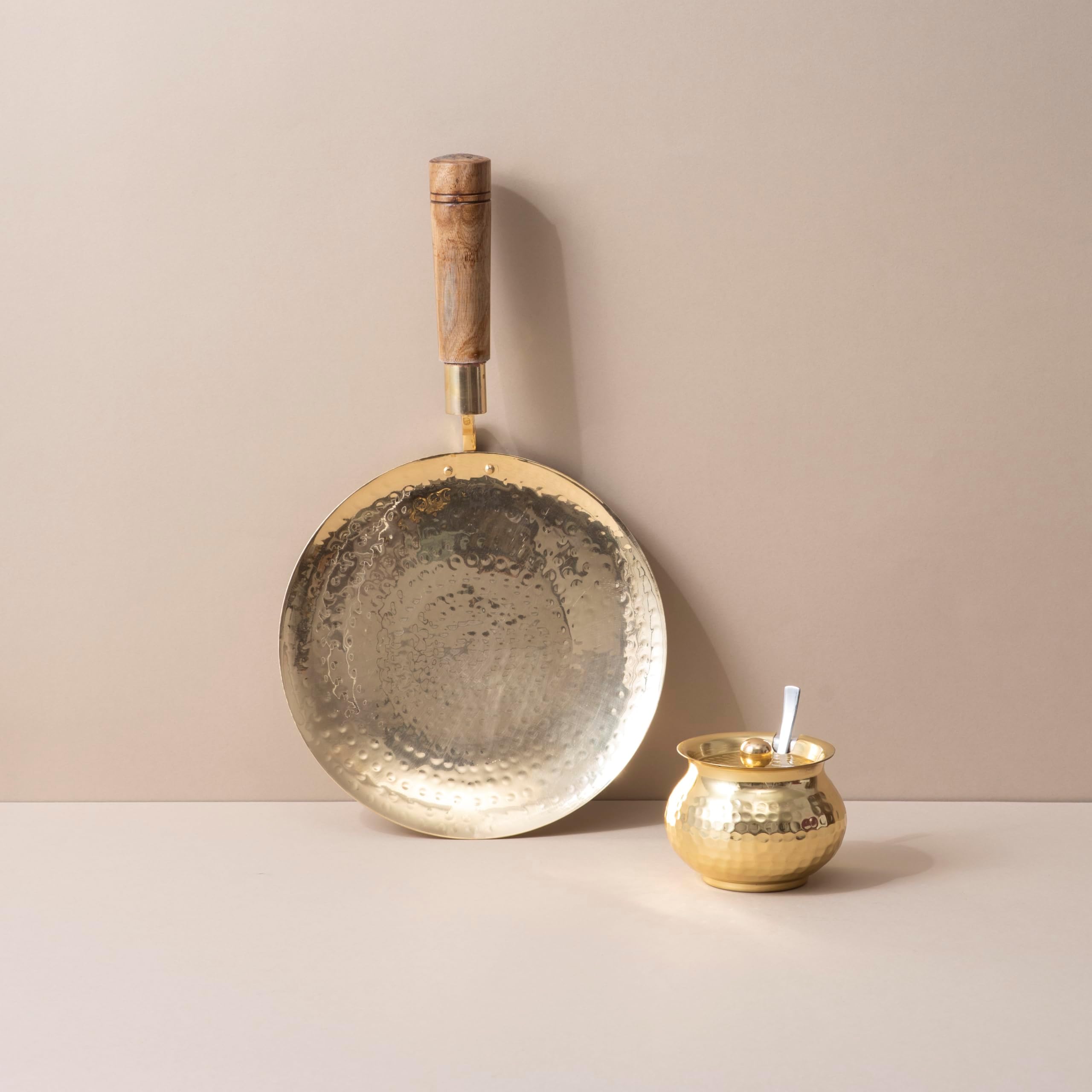 veda essentials. Brass Ghee Pot & Pure Brass Tawa Set for Healthier Cooking | Traditional Indian Kitchen Essentials Combo Set, 300 ML, Gold