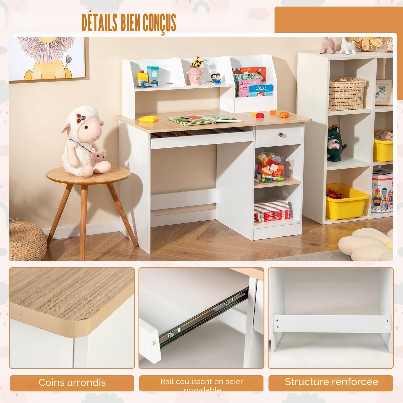 GOPLUS Table Enfant, Bureau Enfant en Bois avec Tiroir, 2 Étagères, Plateau à Clavier, 3 en 1 Bureau pour Fille Garcon avec Dispositif Anti-basculement, Naturel, 90X45X90CM