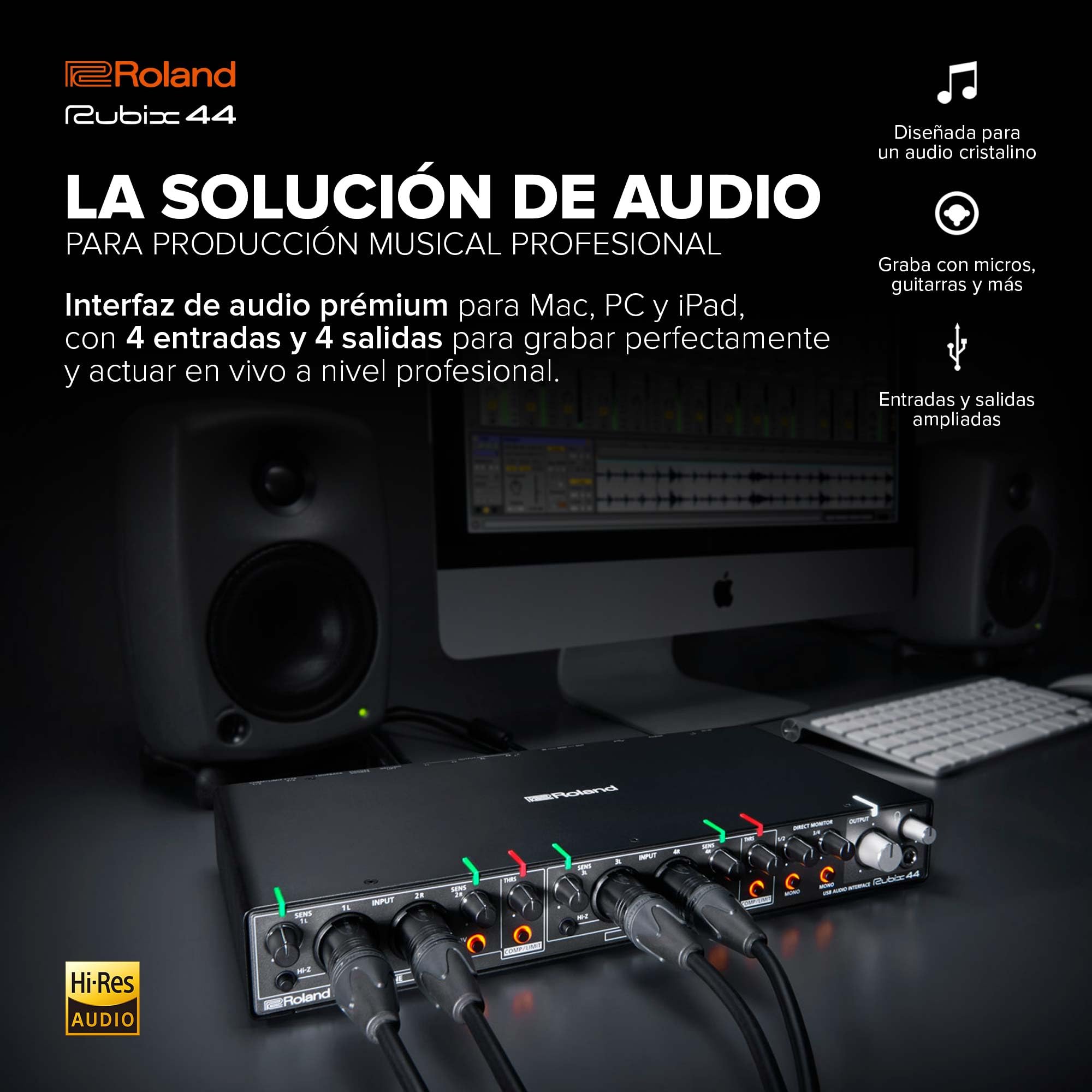 Roland Rubix44 Interfaz de audio USB de 4 entradas y 4 salidas | Audio en alta resolución | Graba con micros, guitarras, teclas y más | Compacta y resistente | Compatible con Mac, PC y iPad