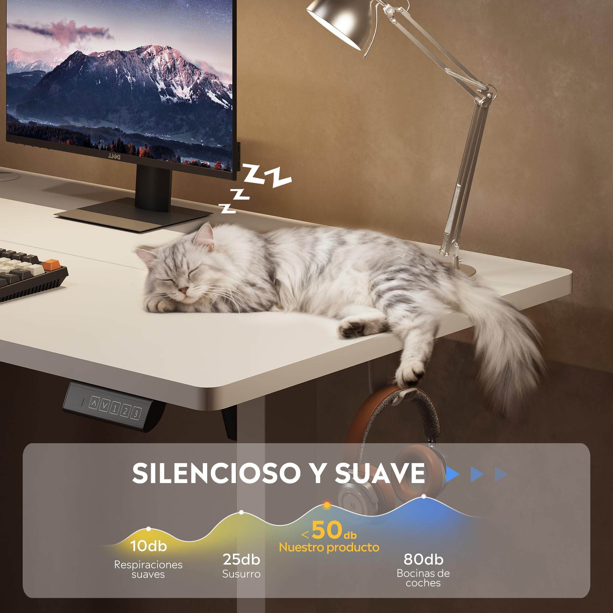 DEVAISE Escritorio Elevable Eléctrico,Mesa Regulable Rltura 120 x 60cm con 3 Memorias,Mesa de Oficina con Panel Inteligente en Casa con Tablero Ensamblado, Blanco