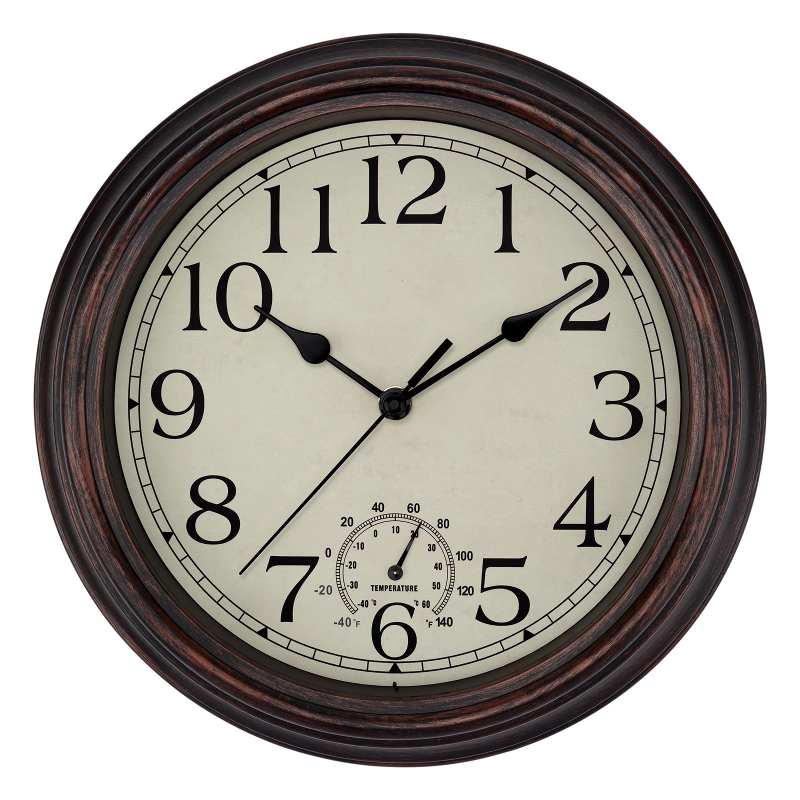 Foxtop Indoor Outdoor Waterproof Wall Clock with Thermometer, 12" Bronze