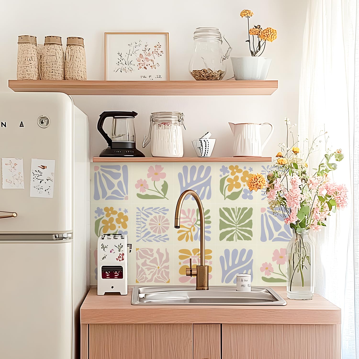 Alwayspon Self-Adhesive Vinyl Wall Tile Stickers, 10Pcs 15cm/6inch Peel and Stick on Tiles Transfer Vinyl Flooring Waterproof Splashback for Kitchen Bathroom, Floral