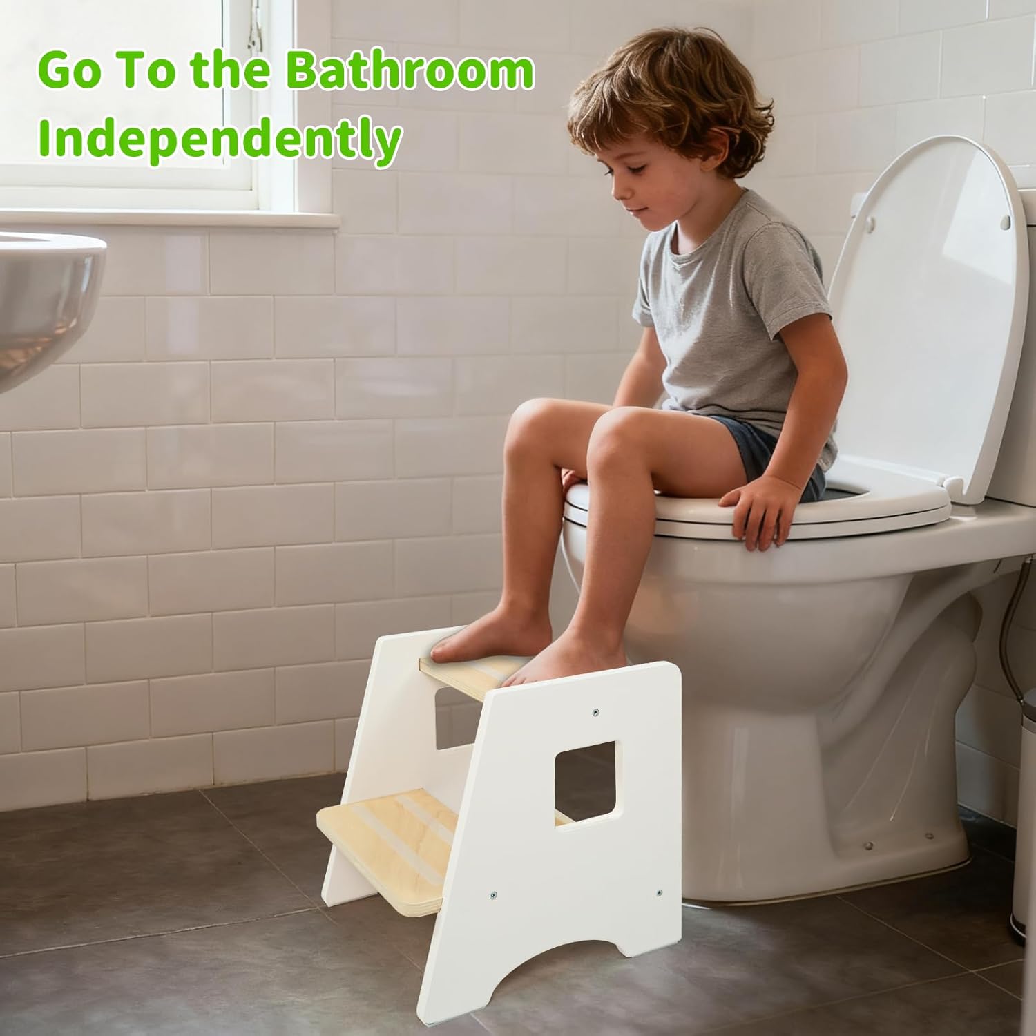 wood city toddler step stool-wooden 2 step stools for bathroom sink potty training kitchen stool helper for kids bonus non-slip pads and handles for safety white white & natural