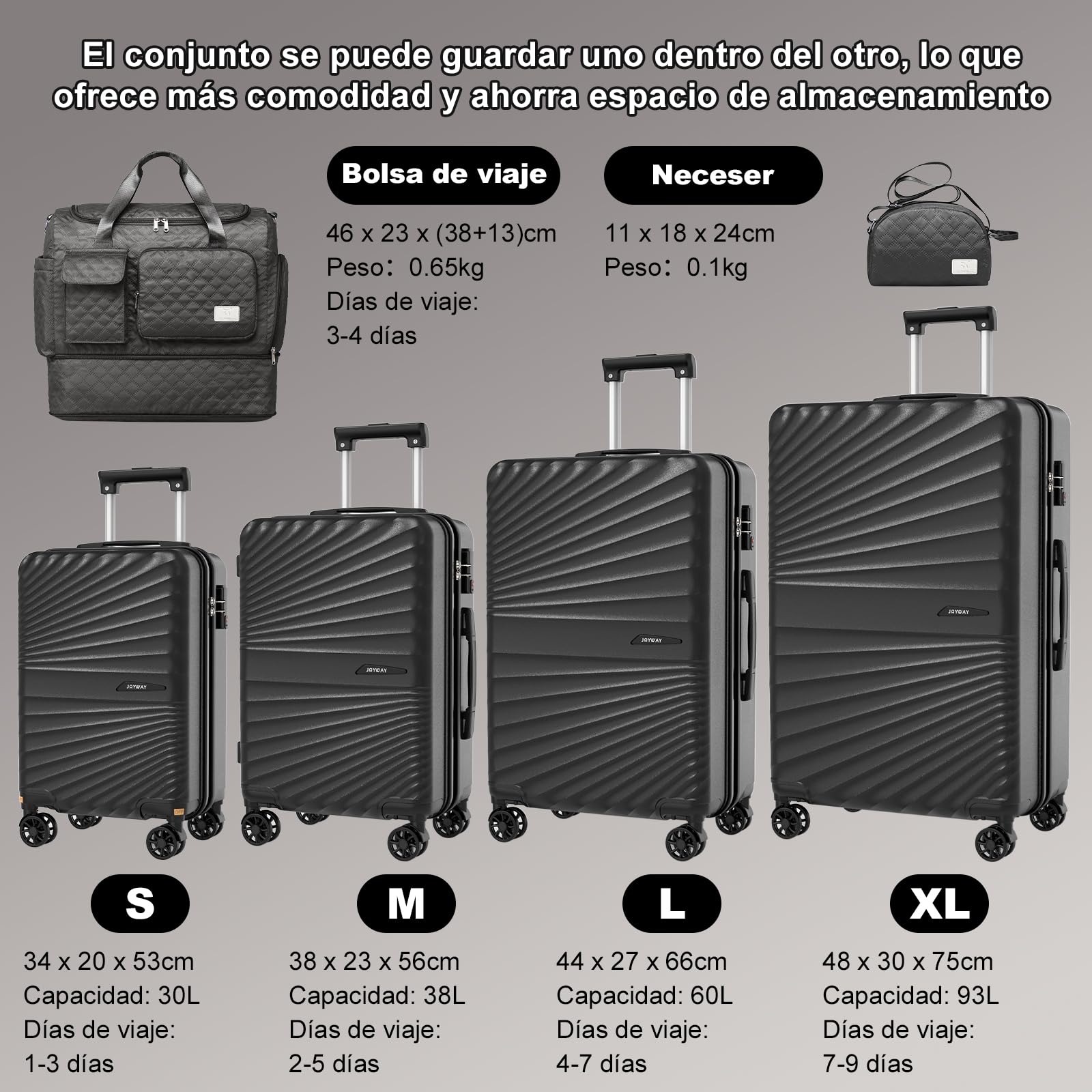 Joyway Juego 6 Maletas ABS, TSA, Ruedas 360° Bloqueables, Neceser y Bolsa