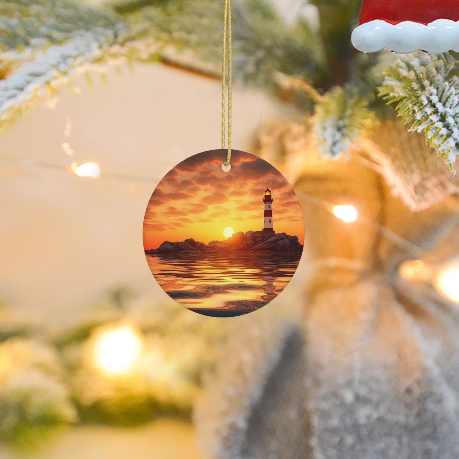 Christmas Tree Ornaments Ceramics Christmas Round Decorations Sea Lighthouse in Sunset Ceramics Ornaments Circle Pentagram Xmas Tree Hanging Pendant for Christmas Tree Party Holiday Home Decor