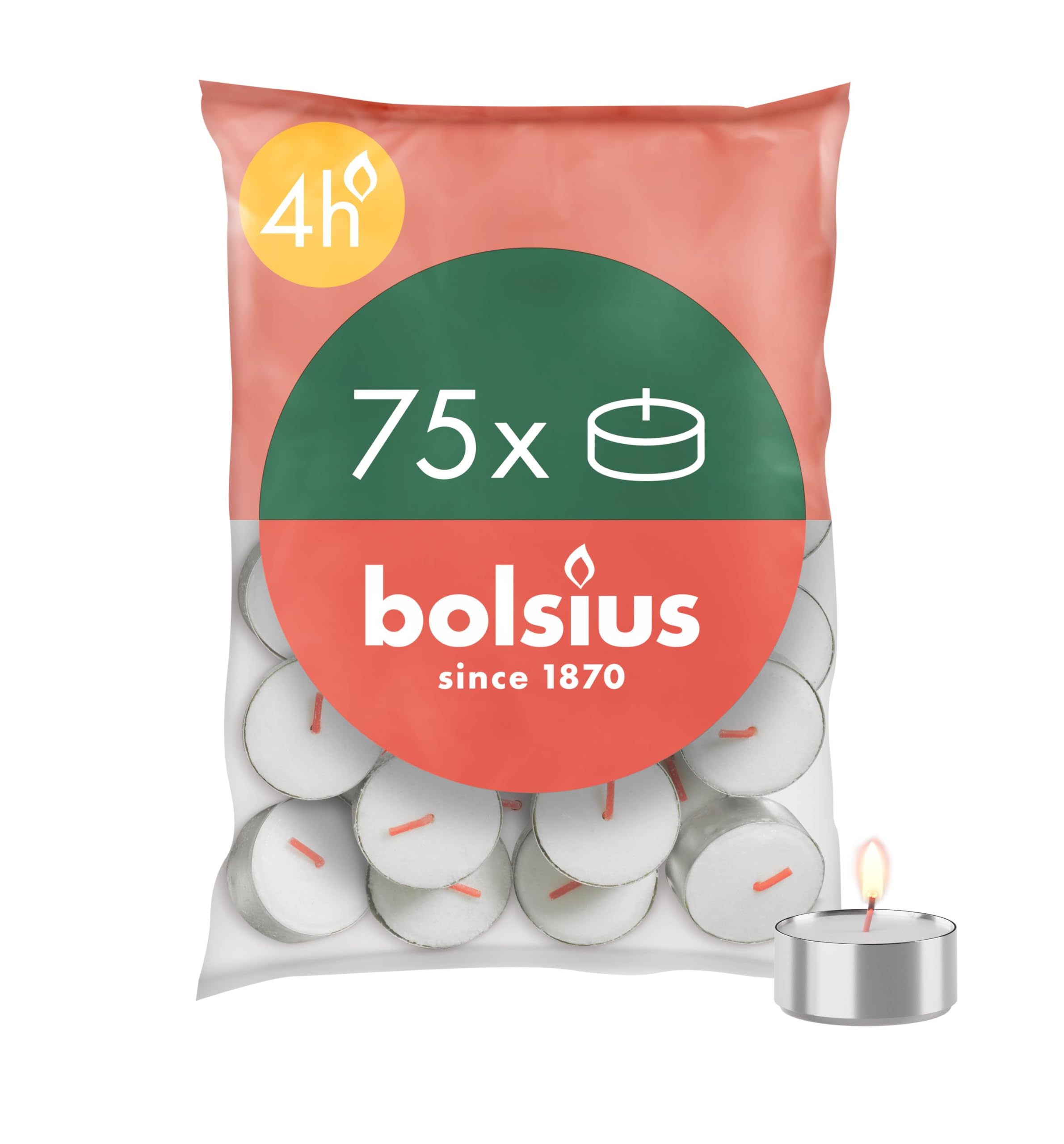 Bolsius - Velas de Té - 75 Unidades - Duración de Combustión: 4 Horas - Velas Decorativas para el Hogar - Contiene Cera Vegetal Natural - Sin Aceite de Palma