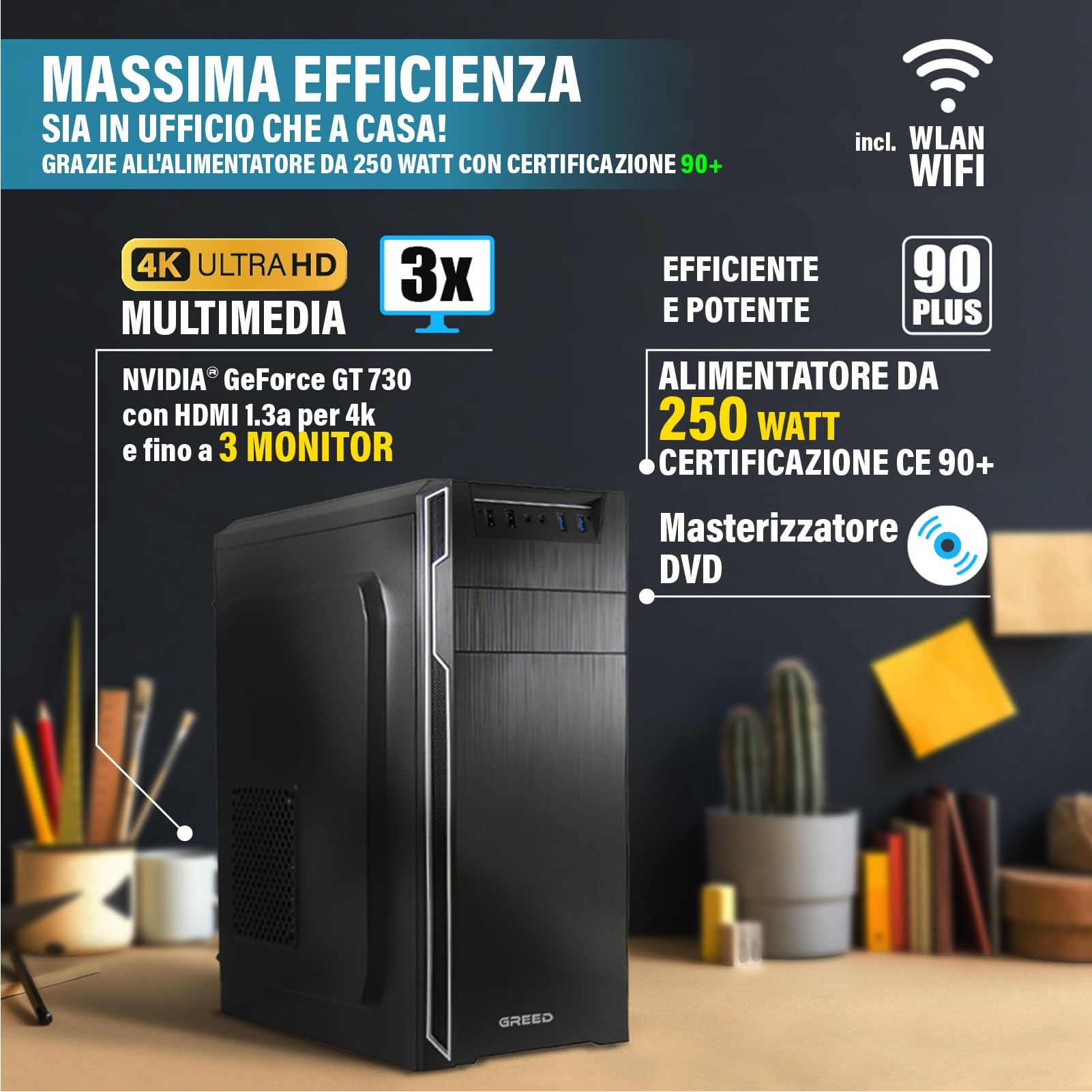GREED® Multimedia PC con Intel Core 12th Gen - Calcolatrice veloce + Computer per ufficio e casa Office con 4,3 GHz, 16 GB RAM/memoria - SSD da 240 GB + 1 TB - DVD+RW - USB3.0 - WLAN, con Windows 11