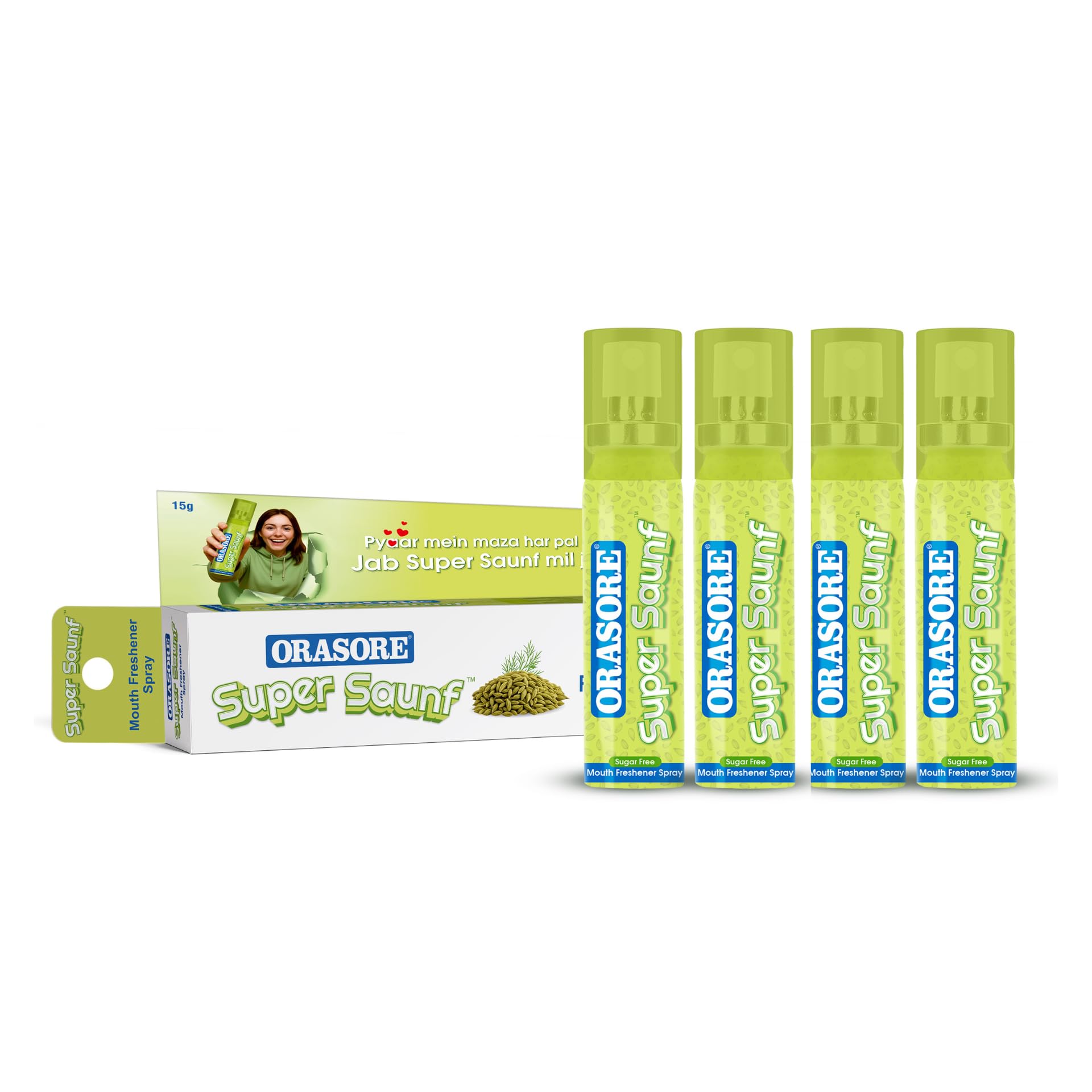 Orasore Super Saunf Sugar Free Mouth Freshener Spray | Instant Bad Breath Solution with Long-Lasting Freshness | 200+ Sprays | Alcohol-Free, Pocket Friendly & Refreshing Sounf Flavour (Pack of 4)